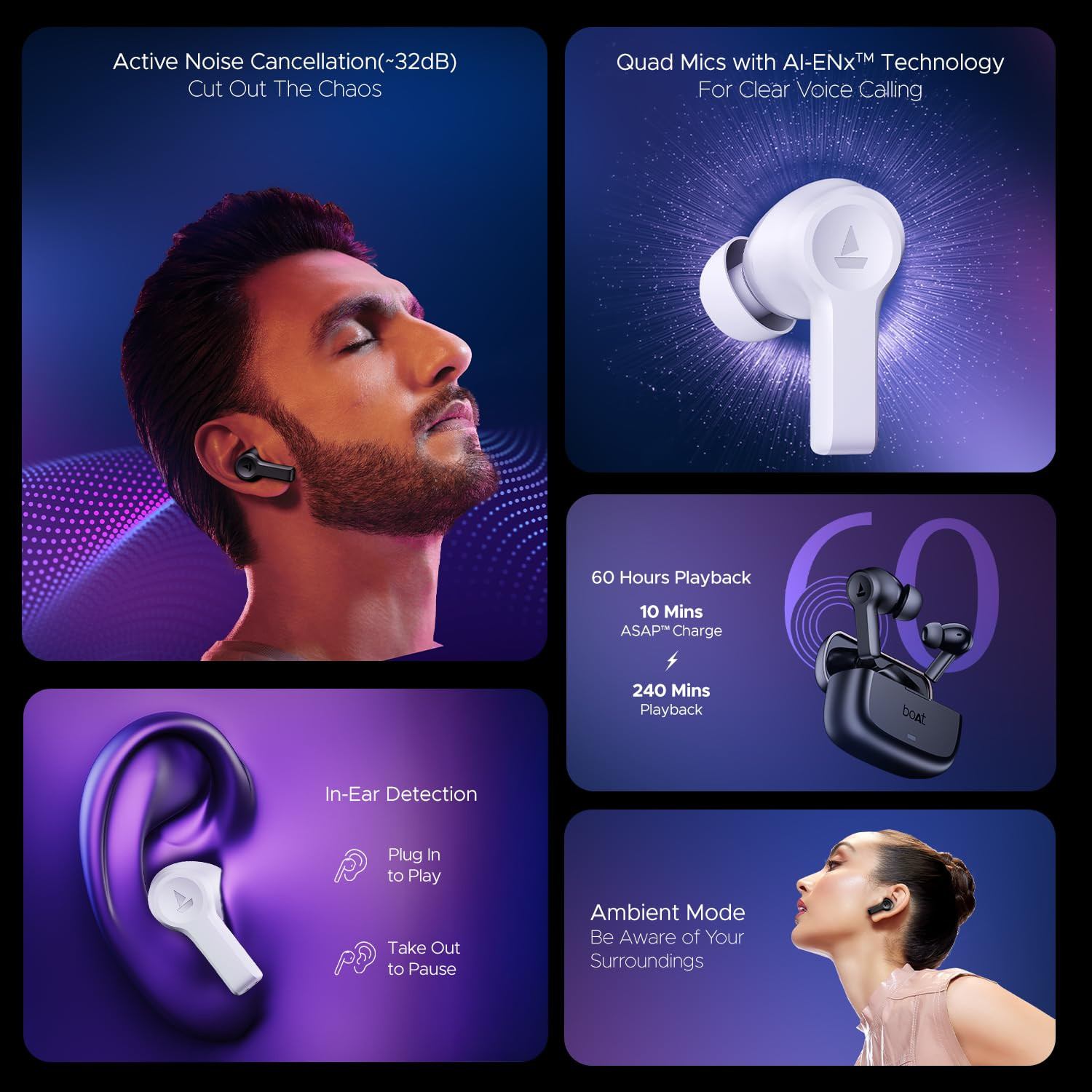 boAt Nirvana Lucid w 32 dB ANC Multi-Point Connectivity in-Ear Detection 60HRS Playback Hearables App 4 Mics ENx IPX5 Truly Wireless in Ear Earbuds TWS Ear BudsGunmetal Black