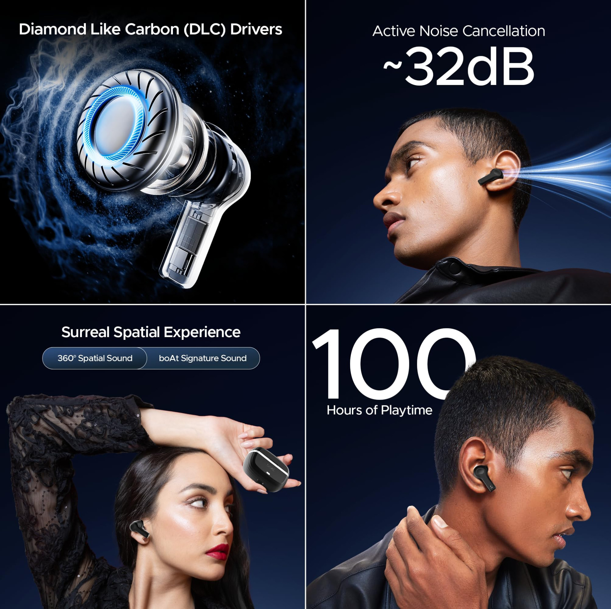 boAt Nirvana Space 360 Spatial Audio Active Noise Cancellation 32dB 100Hrs Battery4Mics ENx Fast Charge v53 Bluetooth Earbuds TWS Ear Buds Wireless Earphones with mic Cosmic Black