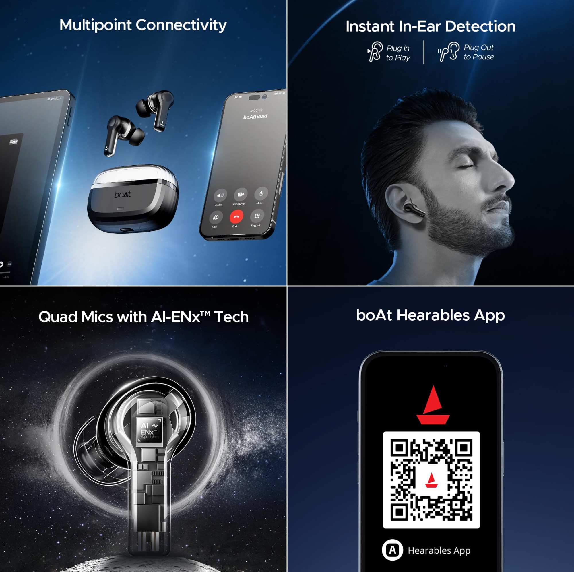 boAt Nirvana Space 360 Spatial Audio Active Noise Cancellation 32dB 100Hrs Battery4Mics ENx Fast Charge v53 Bluetooth Earbuds TWS Ear Buds Wireless Earphones with mic Cosmic Black