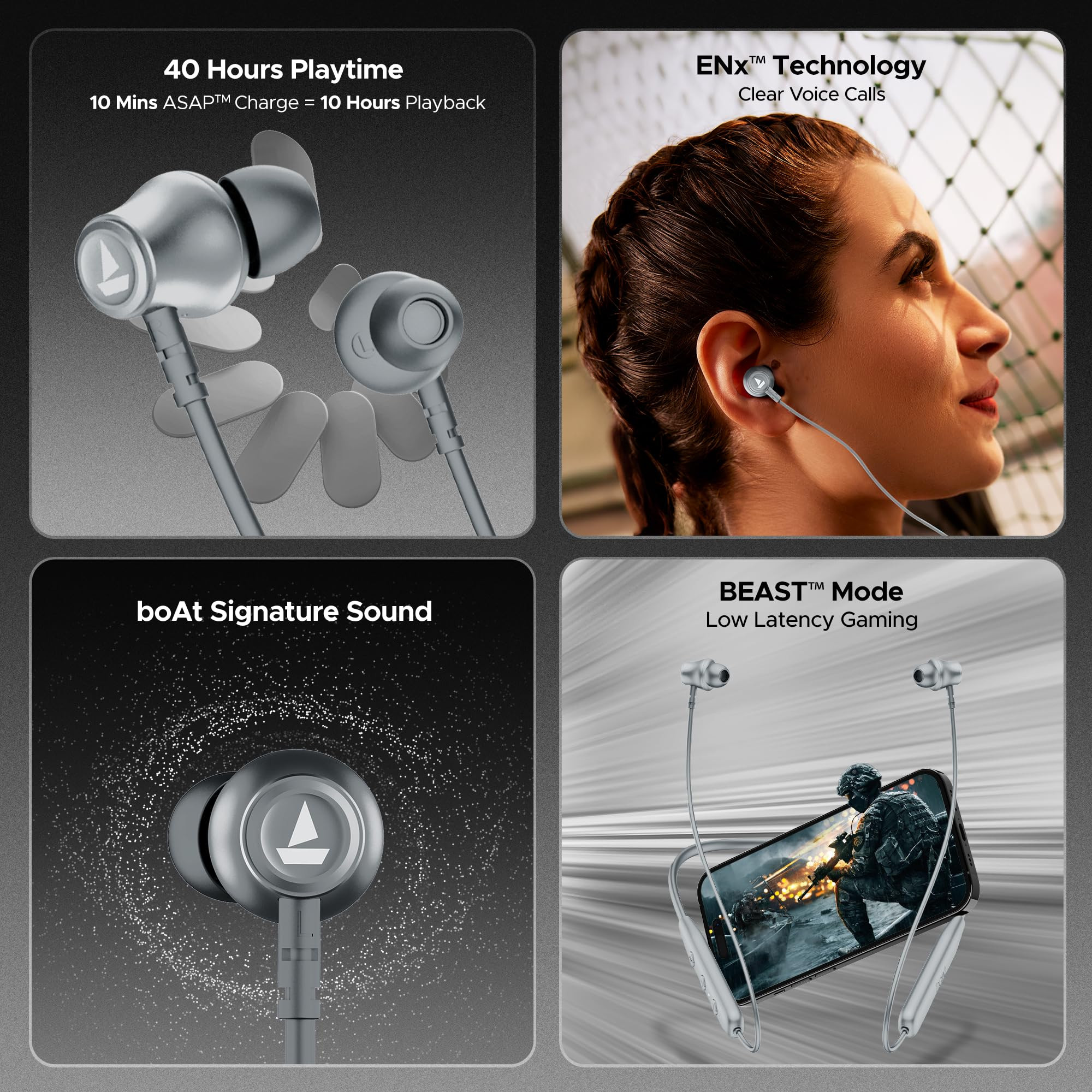 boAt Rockerz 111 40HRS Battery Dual Device Pairing ENx Tech Low Latency Mode Fast Charging BTv53 IPX5 Type-C Interface Bluetooth in Ear Neckband Wireless with Mic Earphones Ash Grey