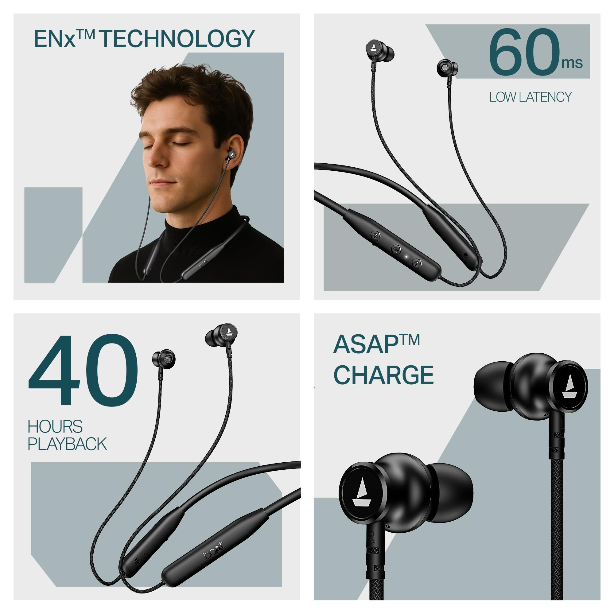 boAt Rockerz 113 2025 Launch 40 Hrs Playback Dual Pair Fast Charge ENx Tech Low Latency Magnetic Buds Bluetooth Neckband Wireless with Mic EarphonesActive Black