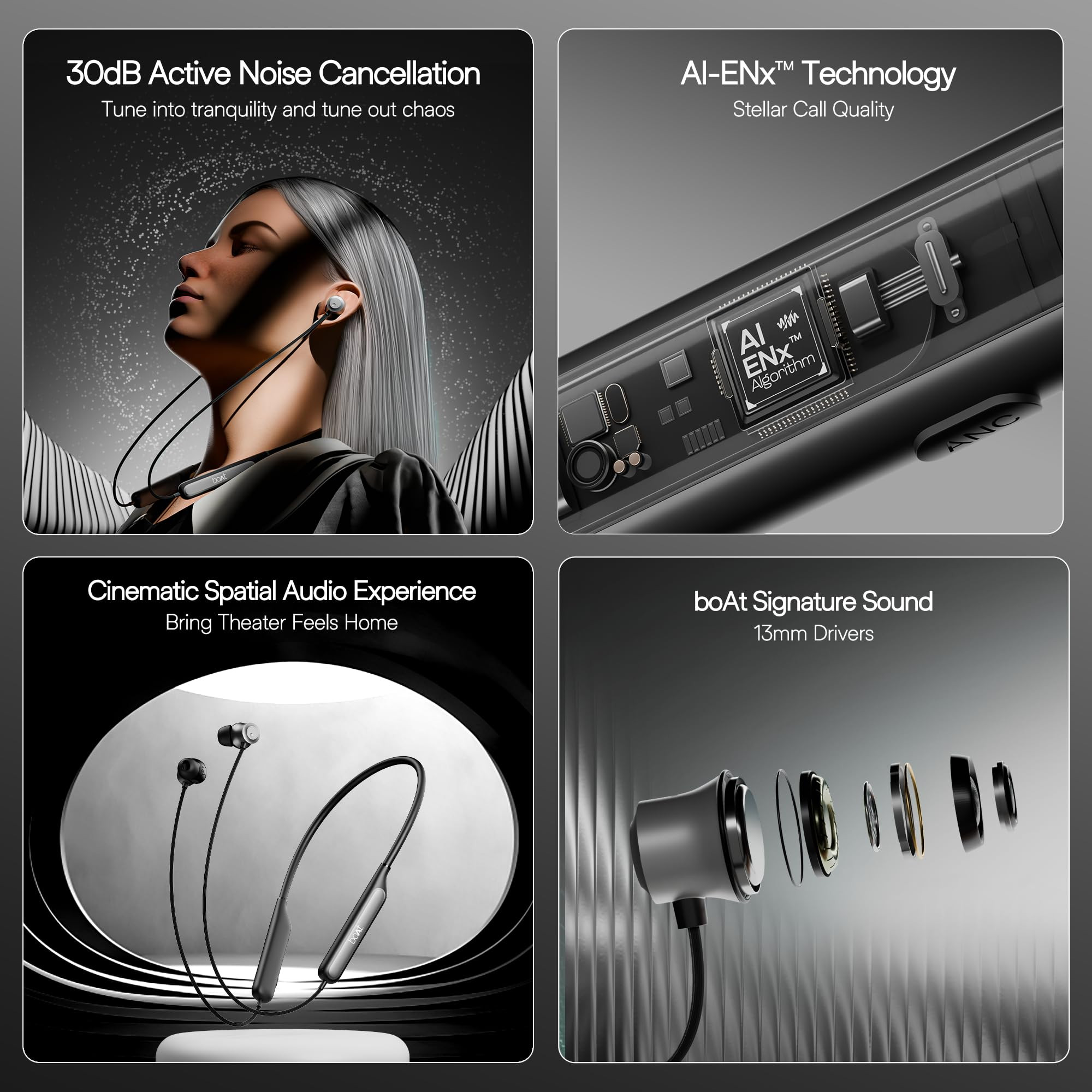 boAt Rockerz 210 ANC Bluetooth in Ear Neckband wSpatial Audio 30dB ANC AI-ENx Technology 40hrs Playback EQ Modes 13 mm Drivers Dual Pairing Fast PairOnyx Black