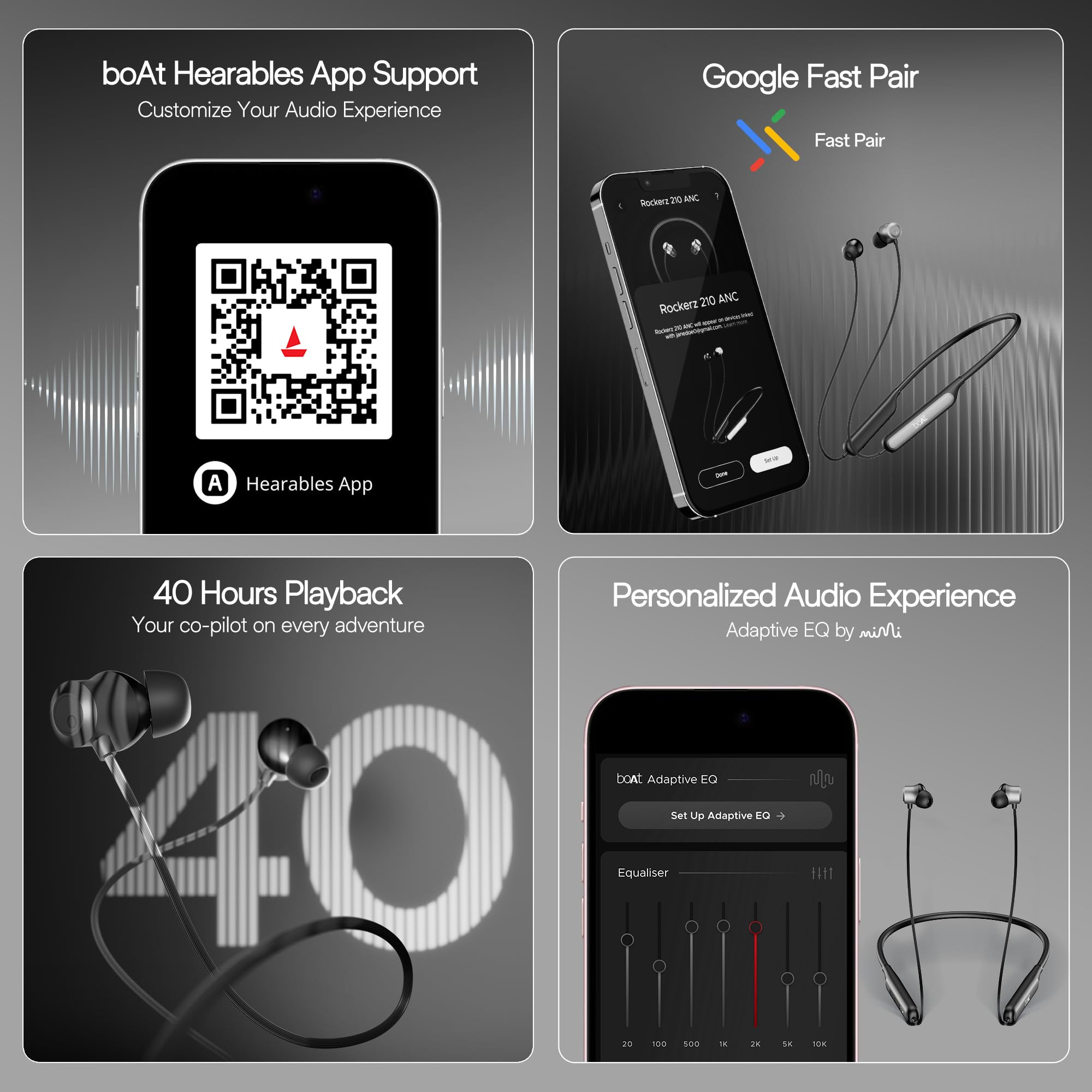 boAt Rockerz 210 ANC Bluetooth in Ear Neckband wSpatial Audio 30dB ANC AI-ENx Technology 40hrs Playback EQ Modes 13 mm Drivers Dual Pairing Fast PairOnyx Black