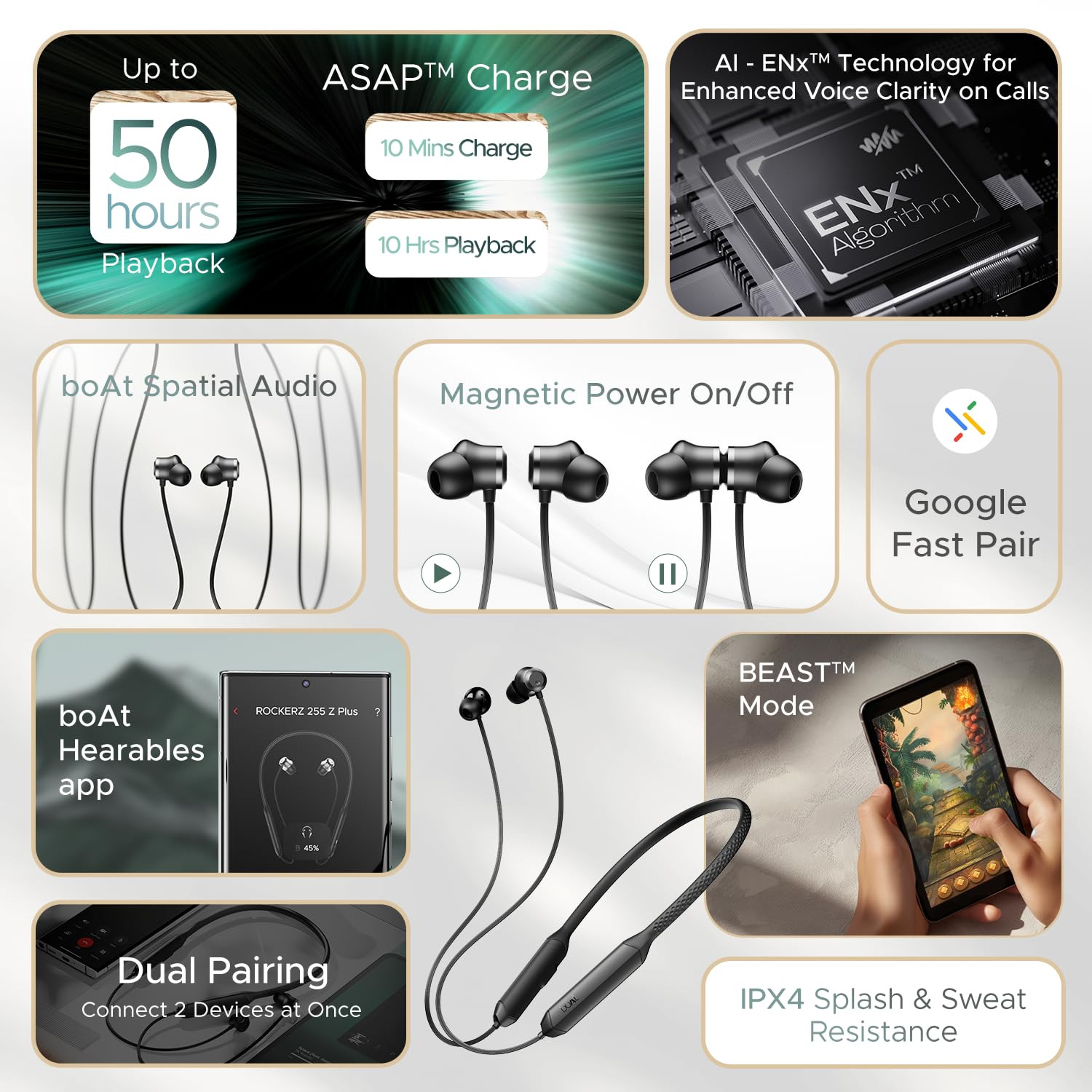 boAt Rockerz 255 Z Plus AI-ENx Tech Spatial Audio 50HRS Battery Low Latency Mode Fast Charge App Support IPX4 BT v53 Bluetooth Neckband Wireless with Mic Earphones ActiveClassic Black