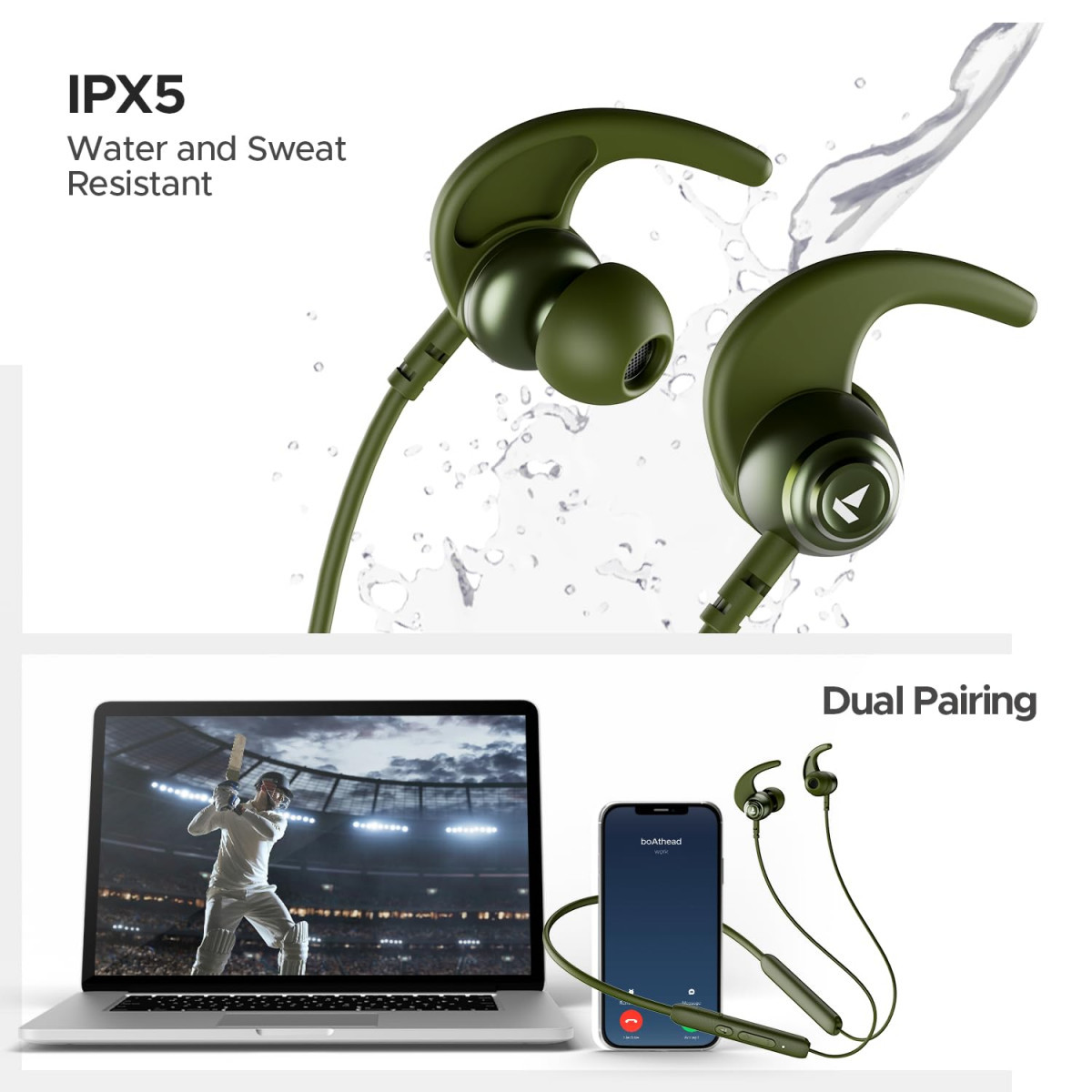 boAt Rockerz 268 Bluetooth in Ear Earphones with Beast Mode ENx Mode ASAP Charge Upto 25 Hours Playback Signature Sound BTv52 IPX5Fern Green