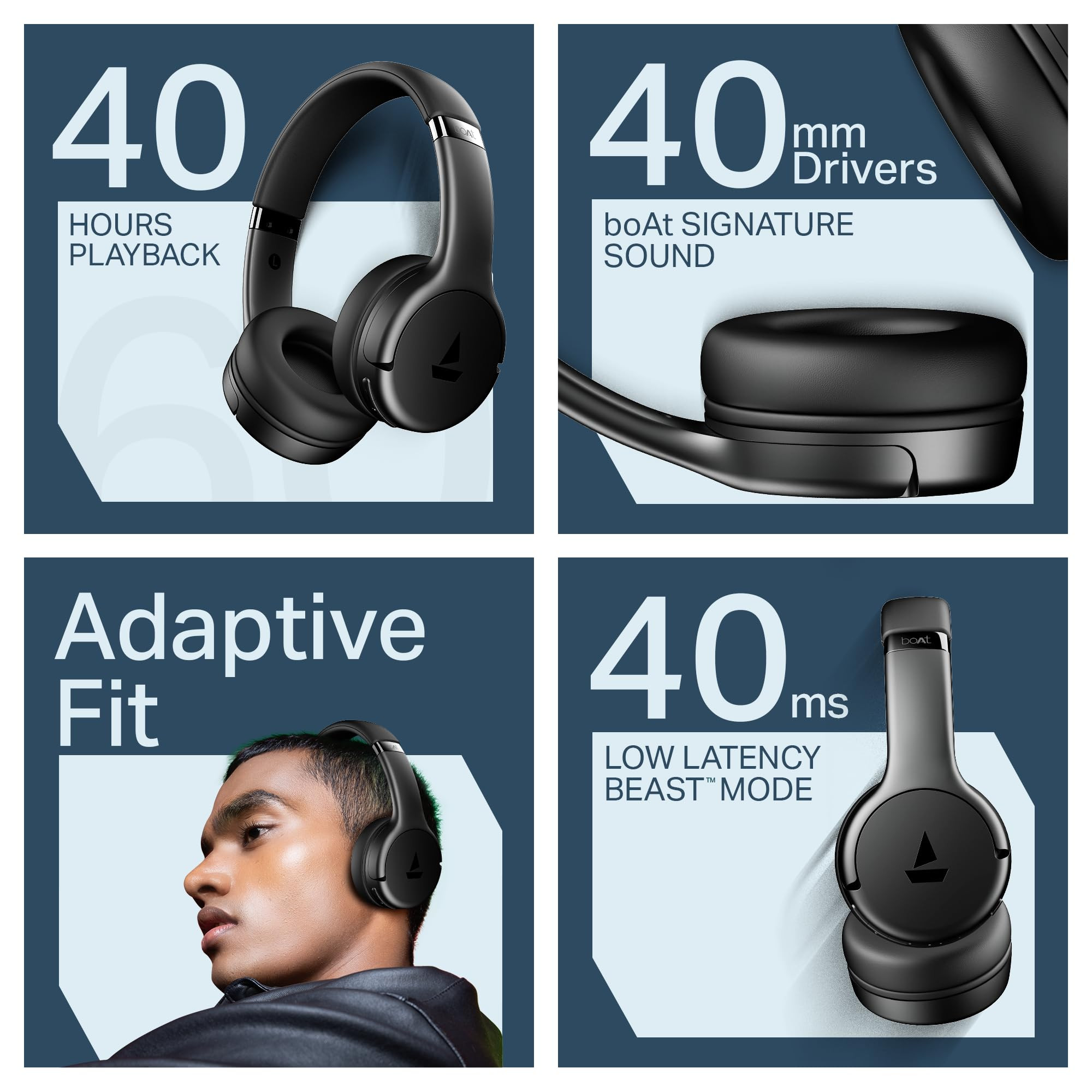 boAt Rockerz 411 2025 Launch 40ms Low Latency 40Hrs Battery 40mm Drivers ENx Tech Integrated Controls v54 Bluetooth Headphones Wireless Headphone with Mic Active Black