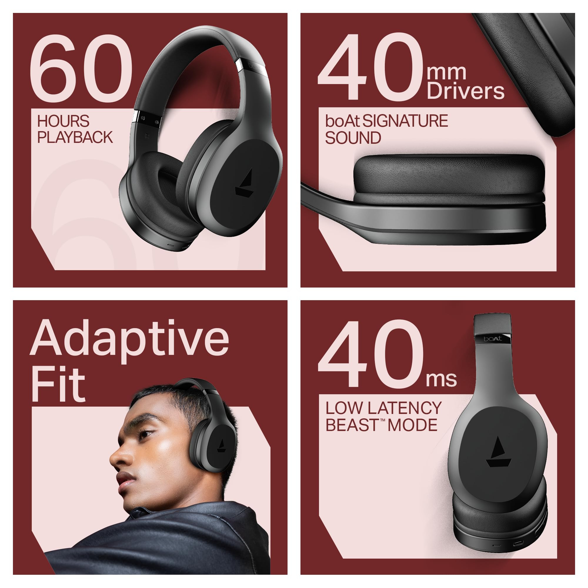 boAt Rockerz 412 2025 Launch 60Hrs Battery 40mm Drivers 40ms Low Latency ENx Tech Integrated Controls v54 Bluetooth Headphones Wireless Headphone with Mic Active Black