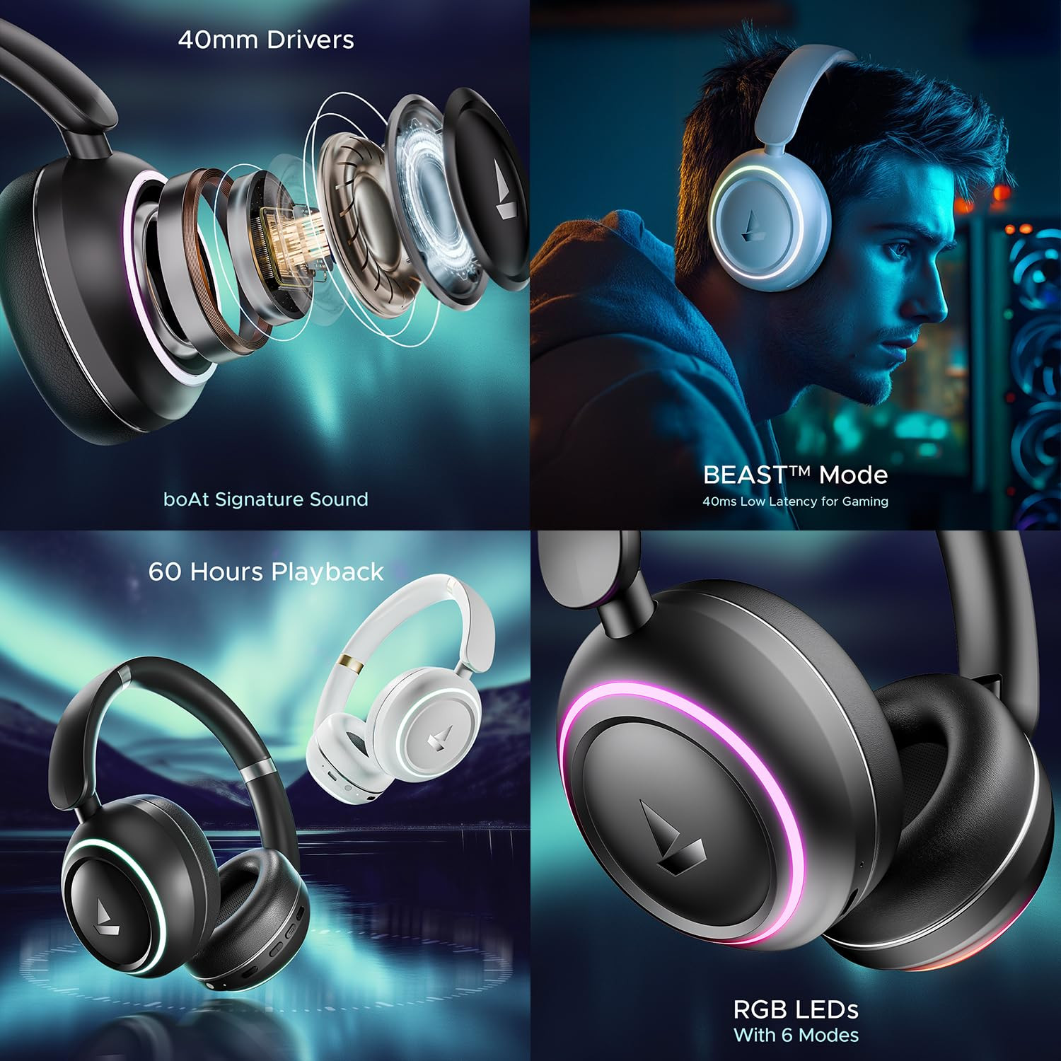 boAt Rockerz 480 WRGB LEDs 6 Light Modes 40Mm Drivers Beast Mode 60Hrs Playback Enx Tech BT V53 Adaptive Fit Easy Access Controls Bluetooth Over Ear HeadphonesBlack Sabre