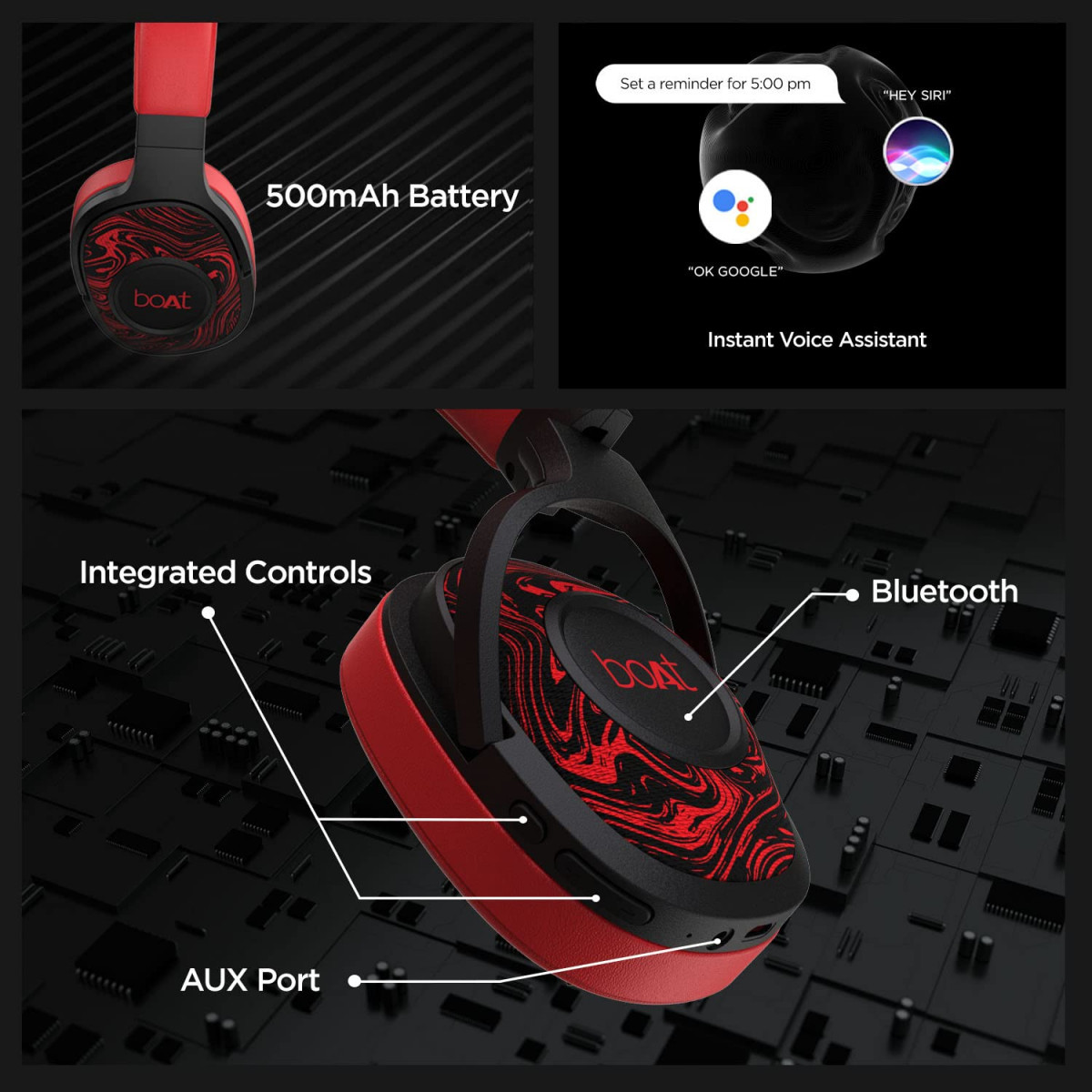 boAt Rockerz 550 Bluetooth Wireless Over Ear Headphones with Mic Upto 20 Hours Playback Red