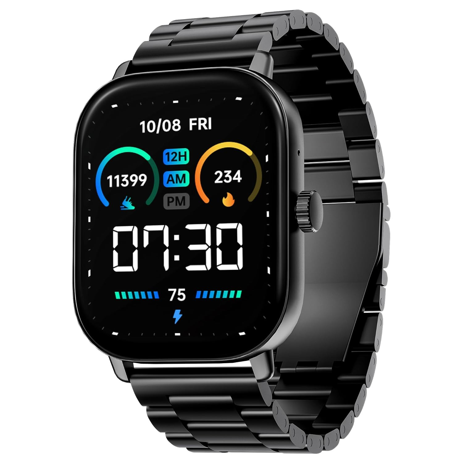 boAt Wave Spectra w 204 6 cm AMOLED Display BT Calling Functional Crown Metal Built Always-on Display Animated Watch Faces Smart Watch for Men WomenSteel Black