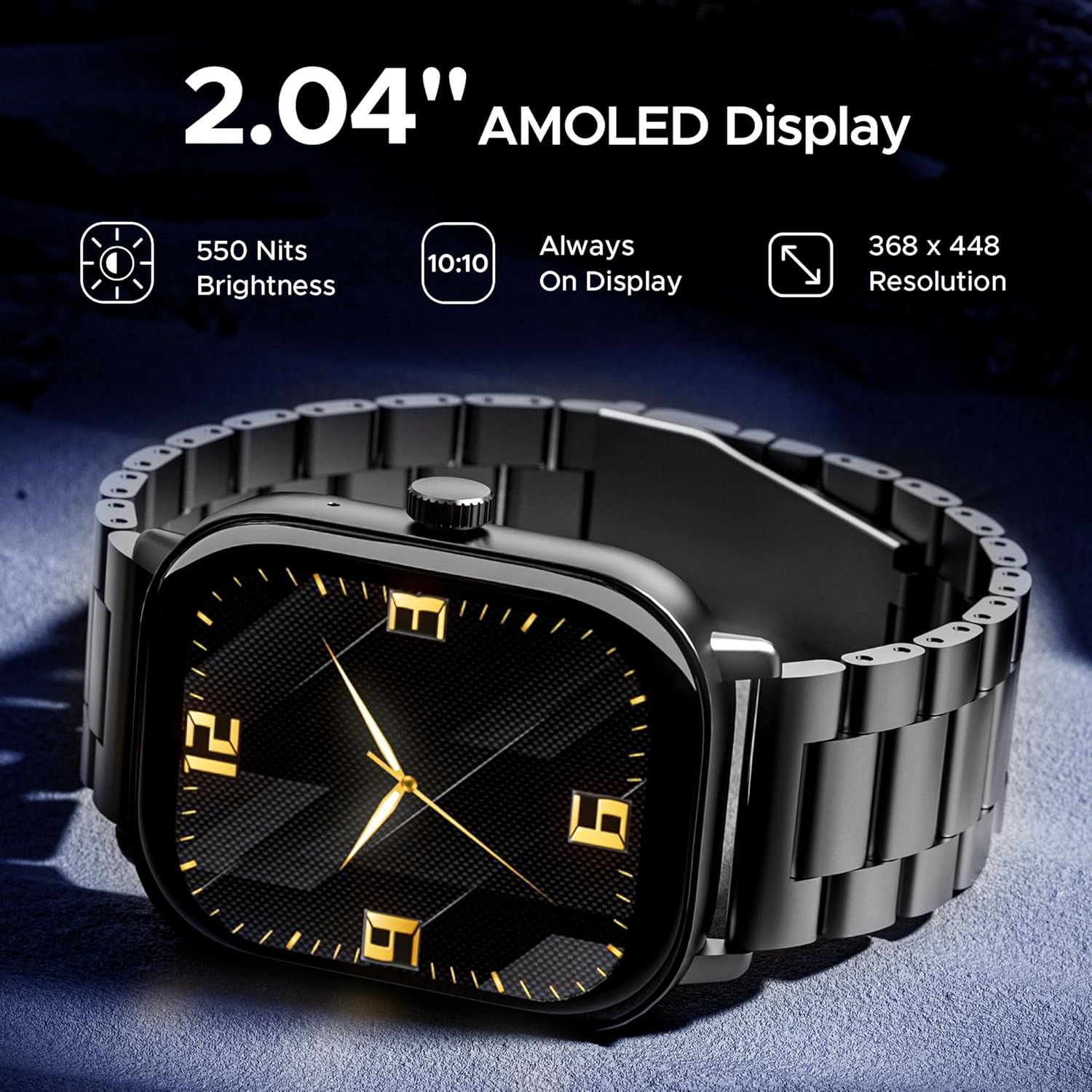 boAt Wave Spectra w 204 6 cm AMOLED Display BT Calling Functional Crown Metal Built Always-on Display Animated Watch Faces Smart Watch for Men WomenSteel Black