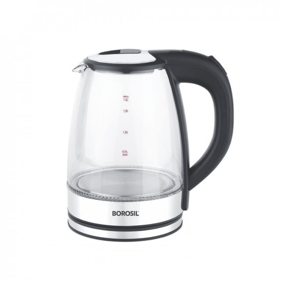 Borosil Electric Glass Kettle Borosilicate Glass Extra Long Cord Dry-boil Protection 360 Rotating Base 18 L Transparent