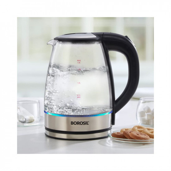 Borosil Electric Glass Kettle Borosilicate Glass Extra Long Cord Dry-boil Protection 360 Rotating Base 18 L Transparent
