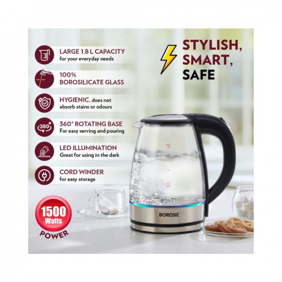 Borosil Electric Glass Kettle Borosilicate Glass Extra Long Cord Dry-boil Protection 360 Rotating Base 18 L Transparent