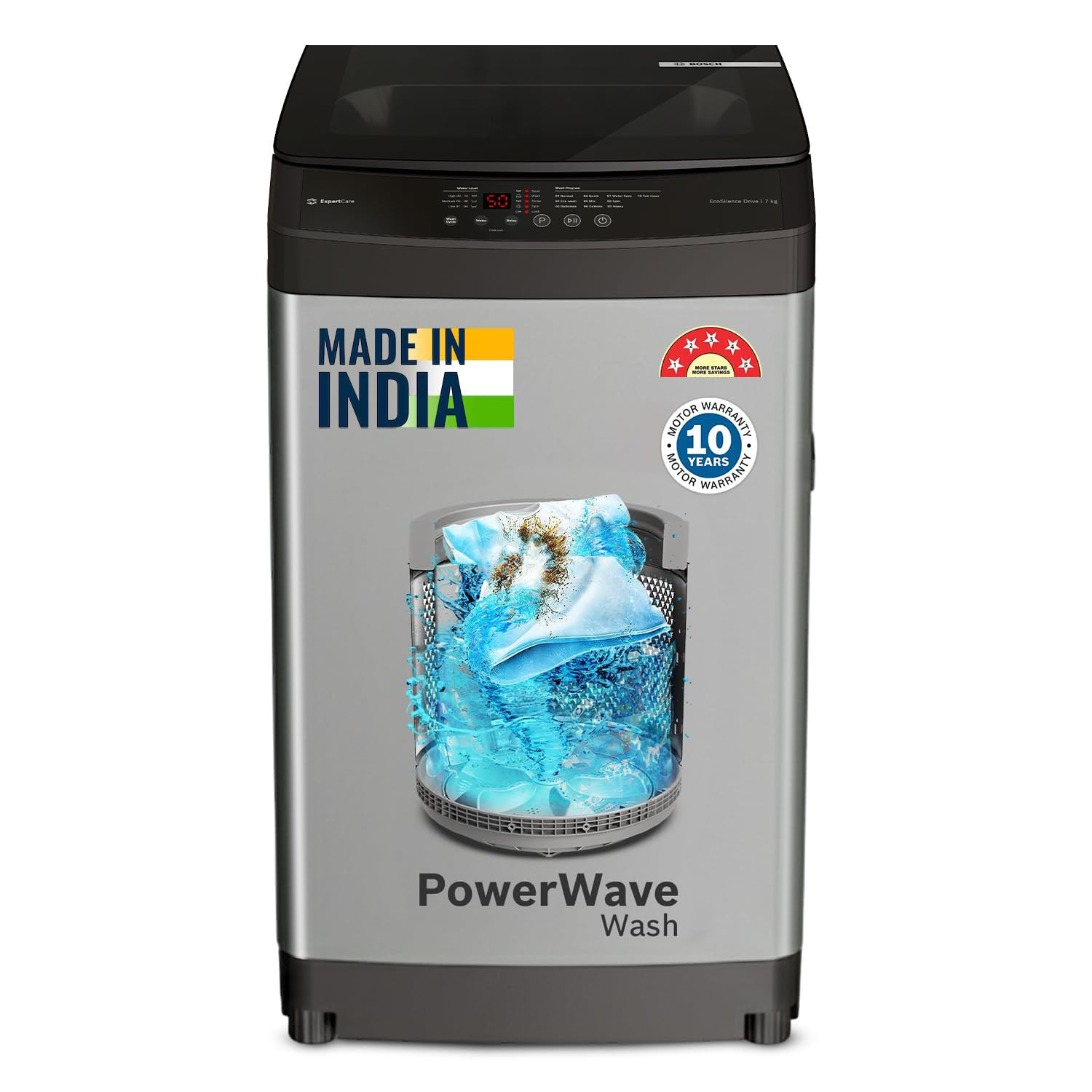 Bosch 7 kg 5 Star Fully Automatic Top Load Washing MachinePowerWave WashInbuilt Dual Lint Filter Stainless Steel VarioDrum with 5 fin Pulsator Water Save Flex Drain Dark Grey WOE70AH0IN
