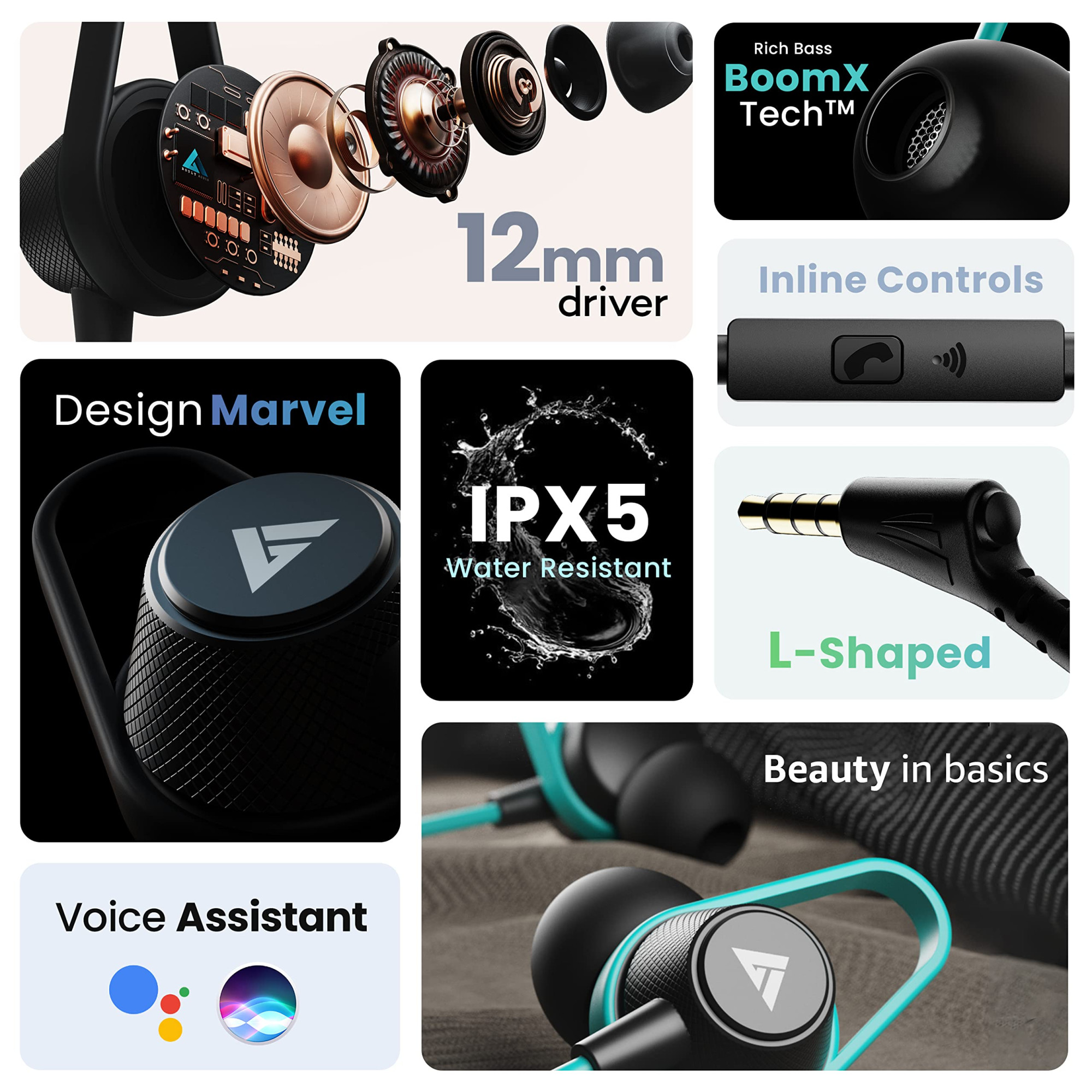 Boult Audio Bassbuds Loop 2 Wired in Ear Earphones with Mic 10mm Powerful Driver for Extra Bass with Customizable Ear Loop Teal Blue