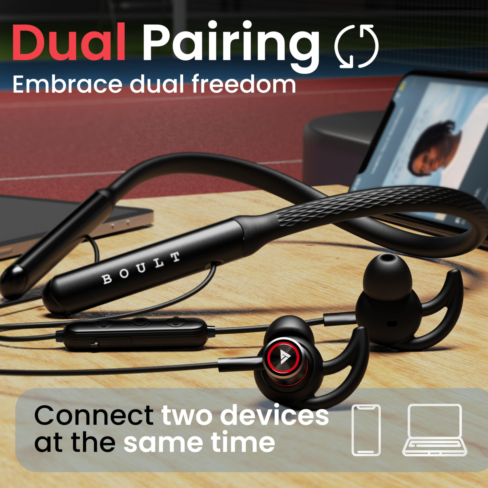 Boult Audio Curve Max Bluetooth Earphones with 100H Playtime Clear Calling ENC Mic Dual Device Connectivity Lowest Latency Gaming 13mm Bass Driver Made in India Neckband Wireless Earphone Black