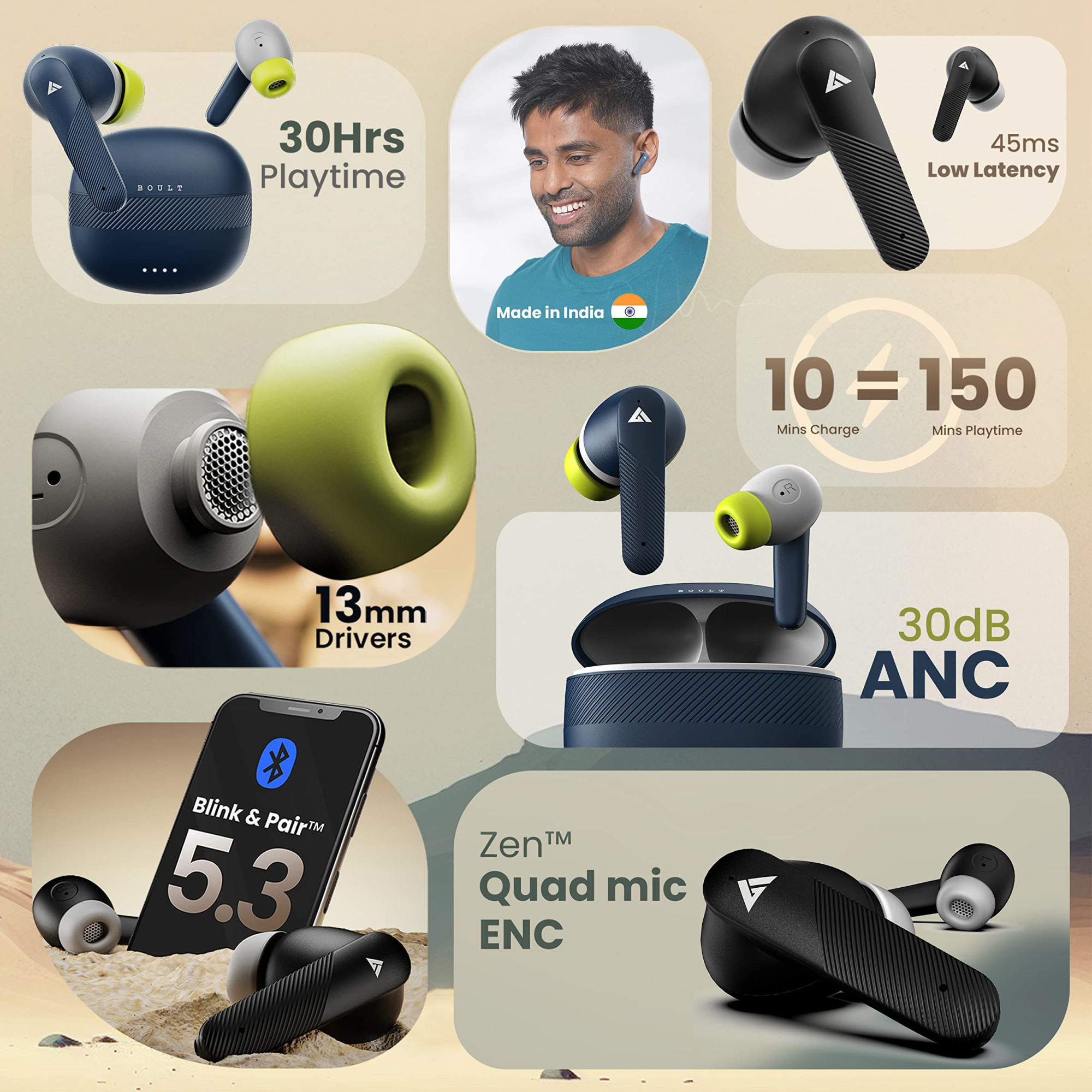 Boult Audio Newly Launched X60 True Wireless in Ear Earbuds with 30dB Active Noise Cancellation 30H Playtime Quad Mic ENC 45ms Low Latency Gaming 13mm Bass Drivers Made in India Ear Buds Black