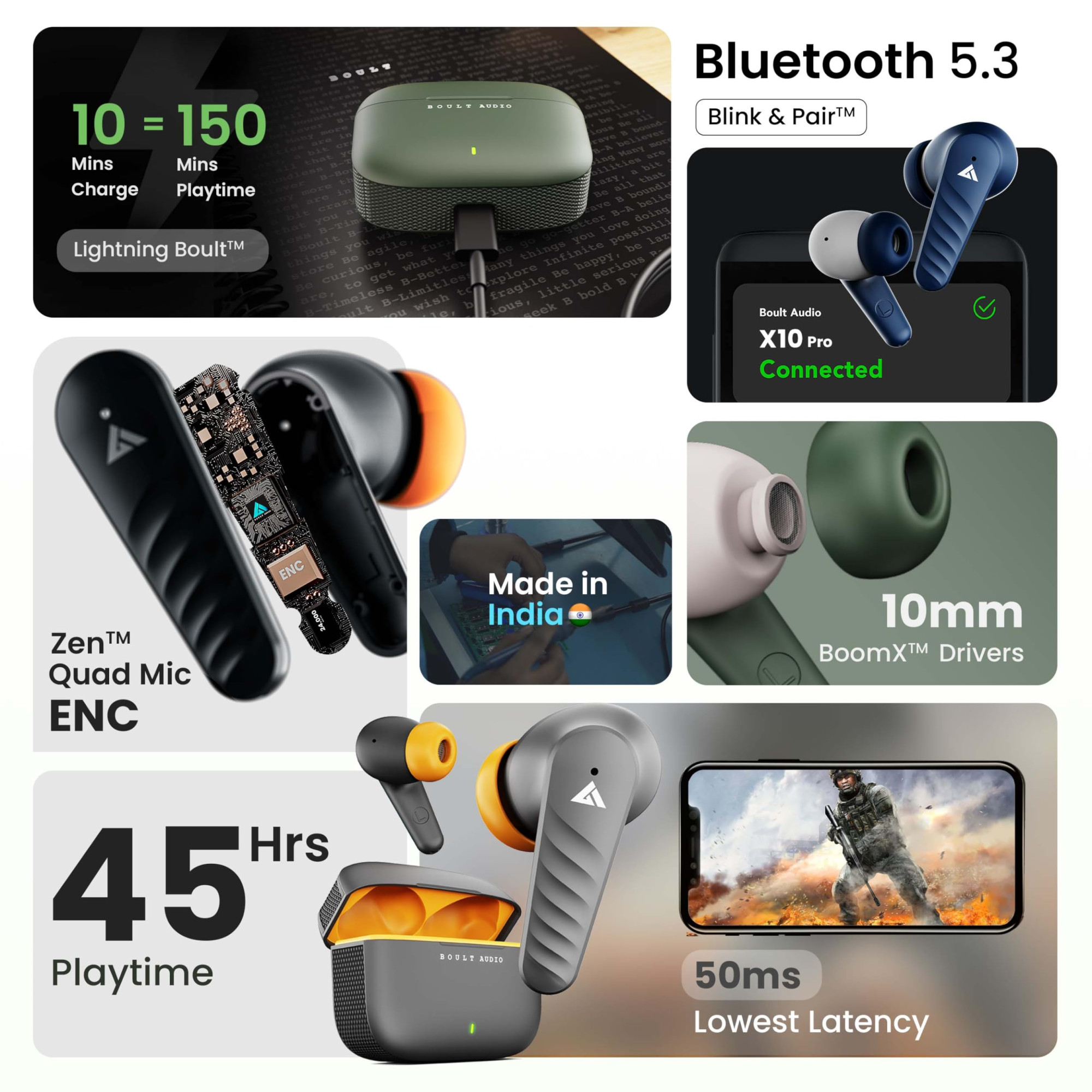 Boult Audio X10 Pro TWS Earbuds with 45H Playtime Quad Mic Clear Calling 50ms Xtreme Low Latency Gaming 10mm Rich Bass Driver Type-C Fast Charging IPX5 53 Bluetooth Wireless Ear Buds Green