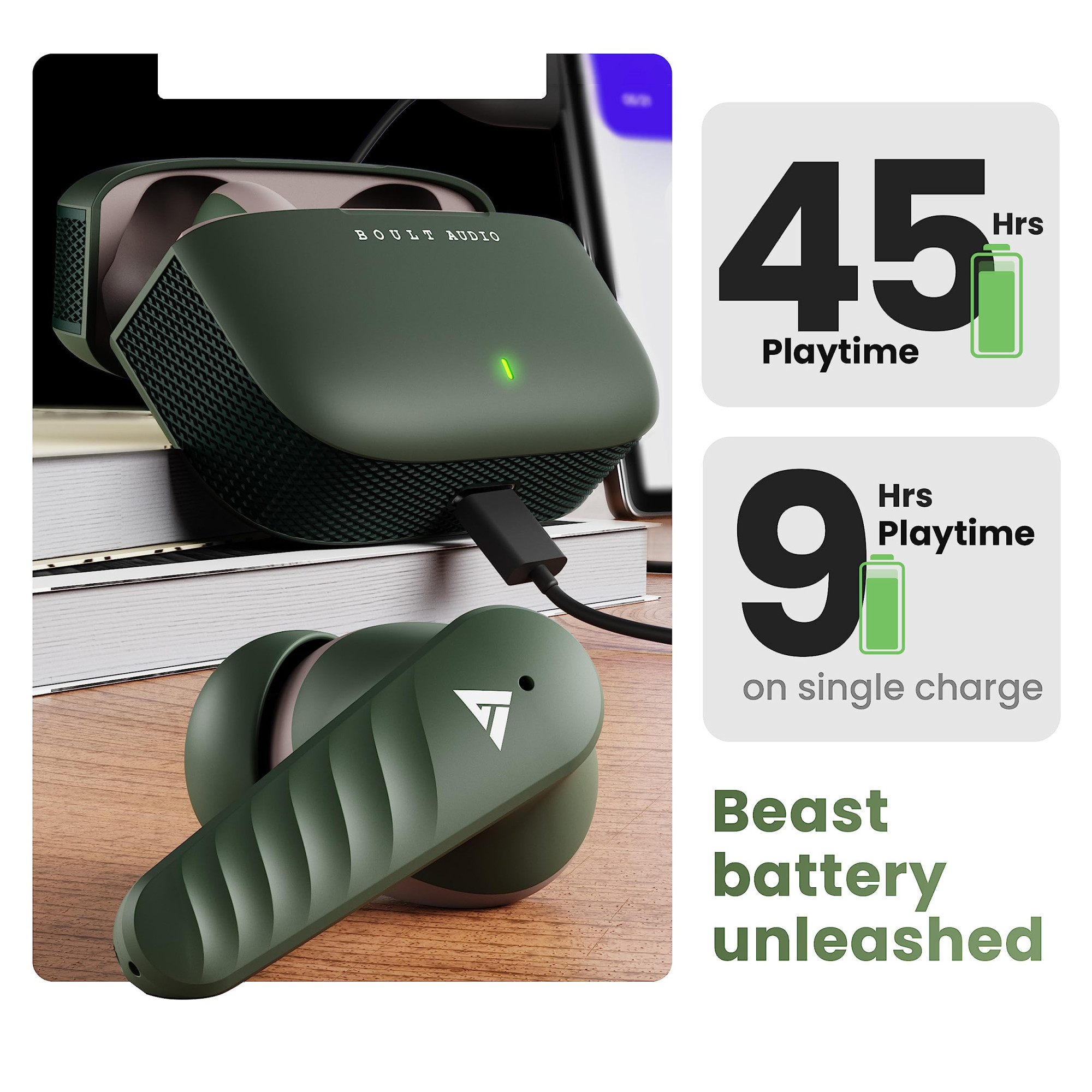 Boult Audio X10 Pro TWS Earbuds with 45H Playtime Quad Mic Clear Calling 50ms Xtreme Low Latency Gaming 10mm Rich Bass Driver Type-C Fast Charging IPX5 53 Bluetooth Wireless Ear Buds Green