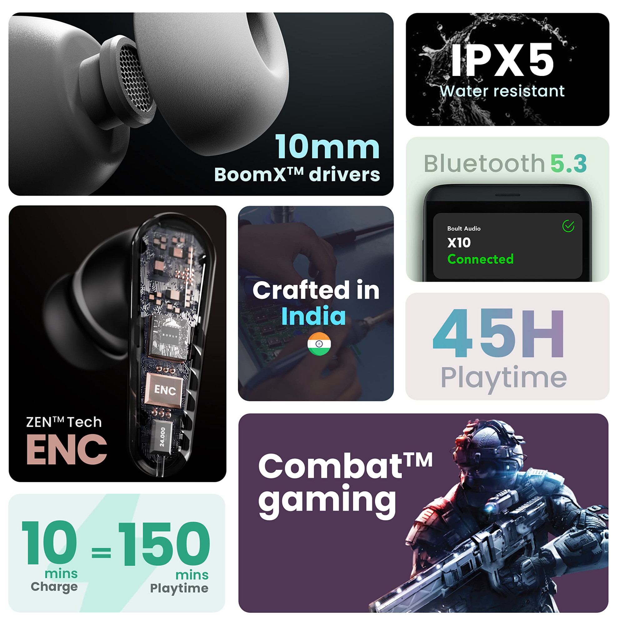Boult Audio X10 True Wireless in Ear Earbuds with 45H Playtime 40ms Xtreme Low Latency Mode ENC Mic Made in India Type-C Fast Charging 10mm Bass Drivers IPX5 Bluetooth 53 Ear Buds Black