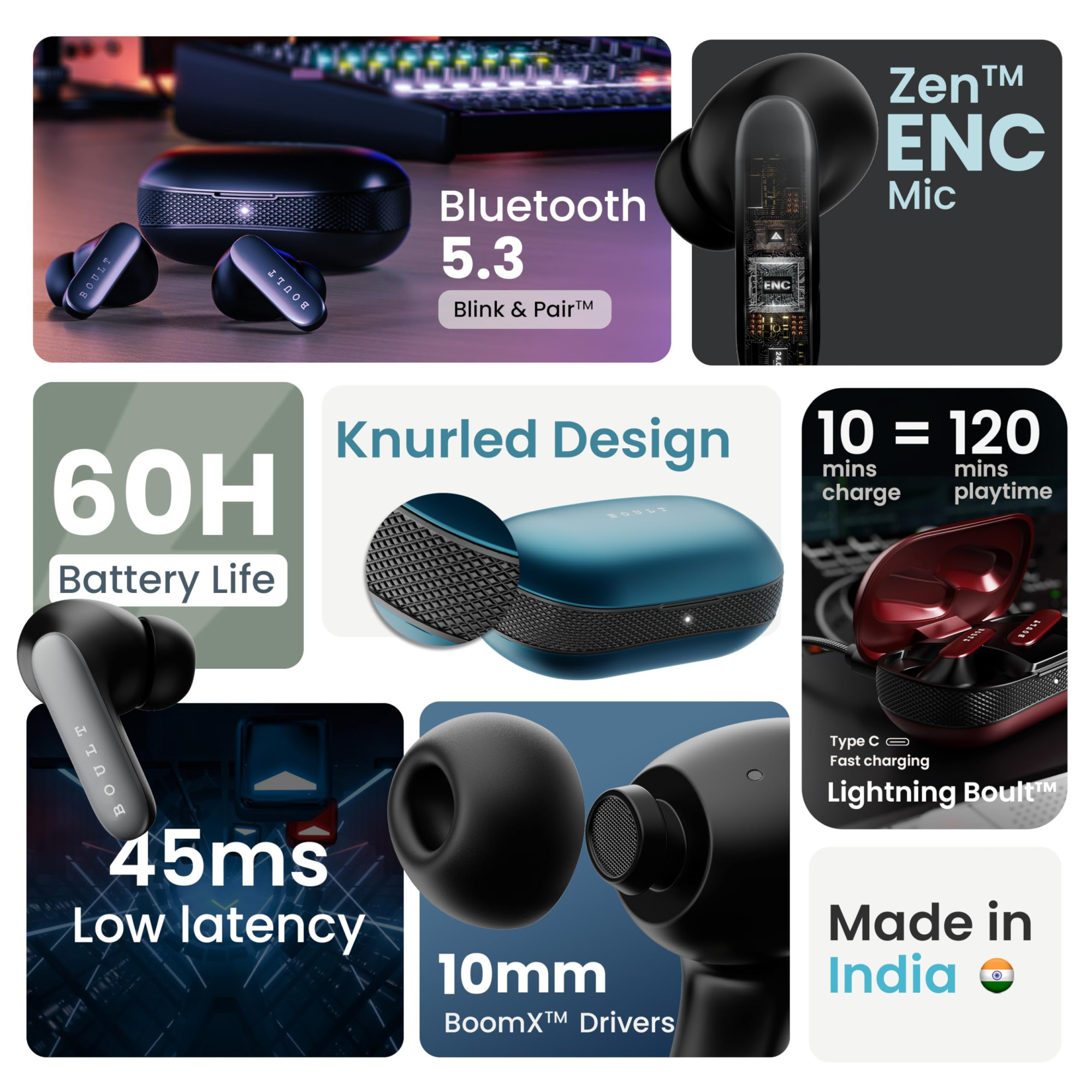 Boult Audio Z20 Pro Truly Wireless Bluetooth Ear Buds with 60 Hours Playtime 4 Mics Clear Calling Made in India 45ms Low Latency Rich Bass Drivers IPX5 TWS Earbuds Bluetooth Wireless Black