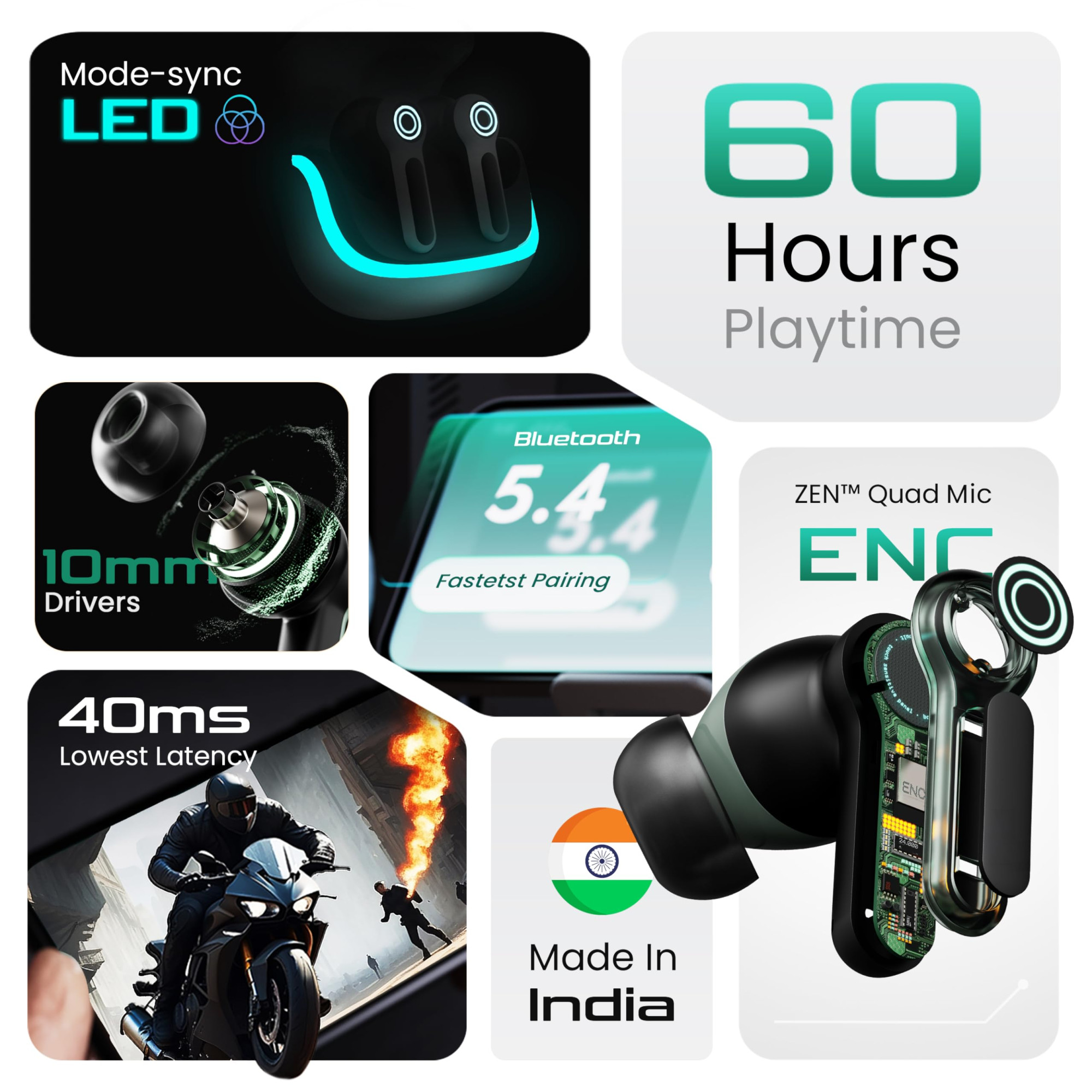 Boult Audio Z40 Gaming in Ear Earbuds with 60H Playtime 40ms Ultra Low Latency Quad Mic ENC Fast Pairing Breathing LEDs Type-C Fast Charging BTv 54 Made in India Earbuds TWS Black Moss