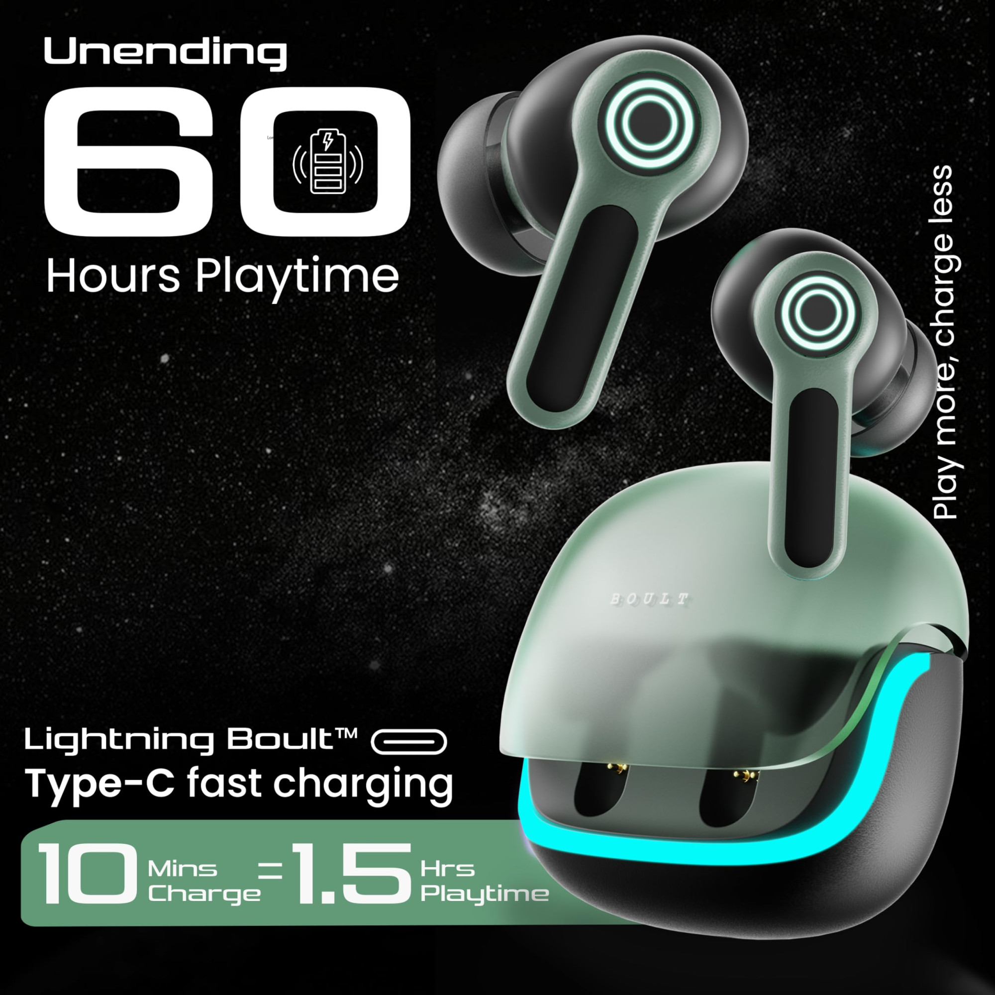 Boult Audio Z40 Gaming in Ear Earbuds with 60H Playtime 40ms Ultra Low Latency Quad Mic ENC Fast Pairing Breathing LEDs Type-C Fast Charging BTv 54 Made in India Earbuds TWS Black Moss