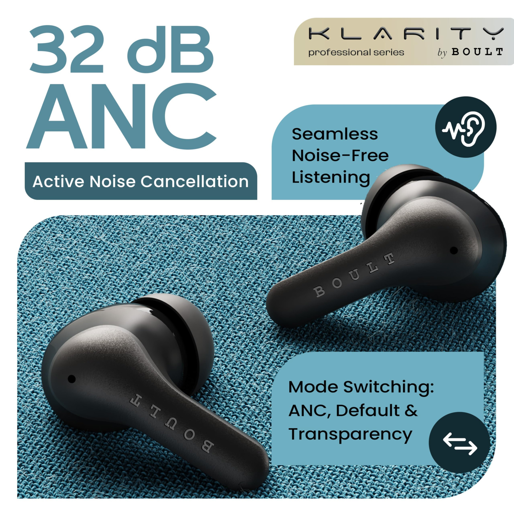 Boult Buds Klarity 4 ANC in-Ear Truly Wireless Earbuds with 35dB Active Noise Cancellation 60H Playtime 4 Mics Calling 45ms Low Latency 10mm Driver Type-C Fast Charging TWS ANC Ear Buds Wireless