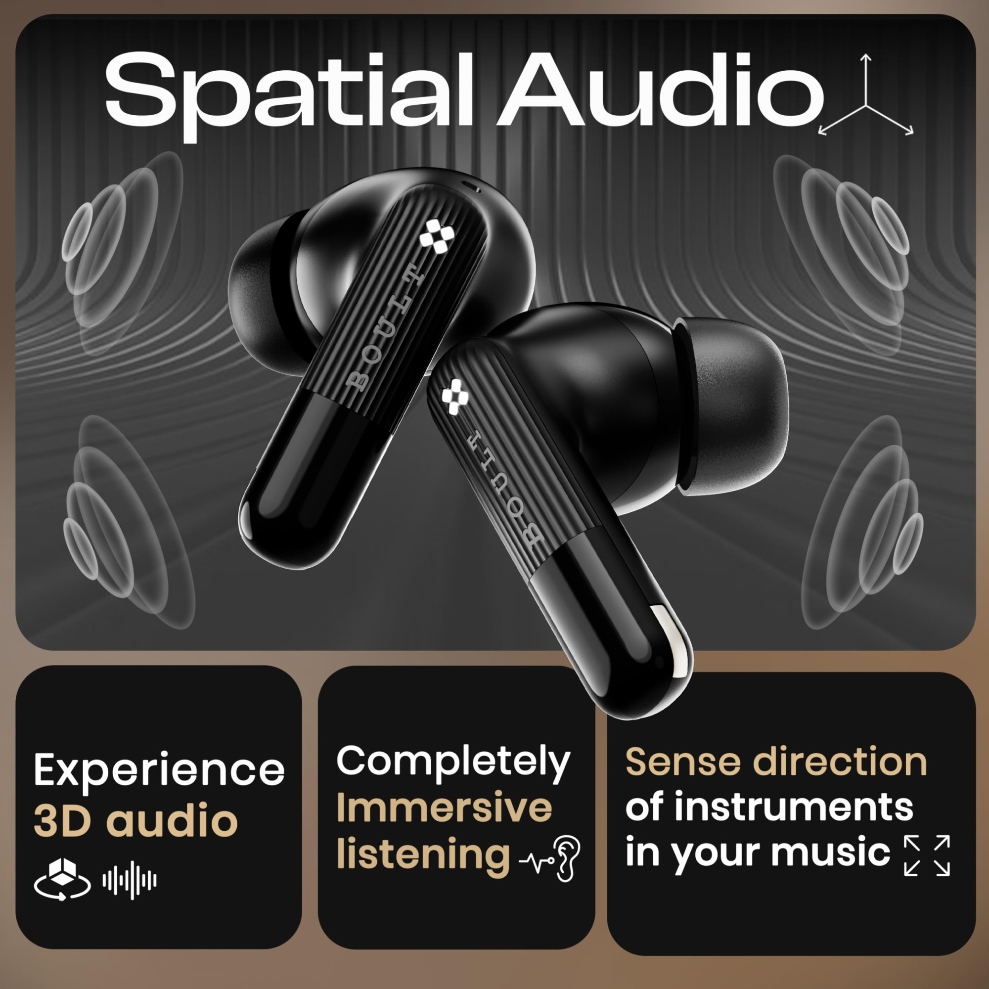 Boult Klarity 3 6-Mic Hybrid ANC Upto 50dB in Ear Earbuds Spatial Audio Dual Device Pairing 50H Playtime Wind Noise Reduction 6 Mic Calling Type-C Fast Charging 13mm Bass Driver TWS Black