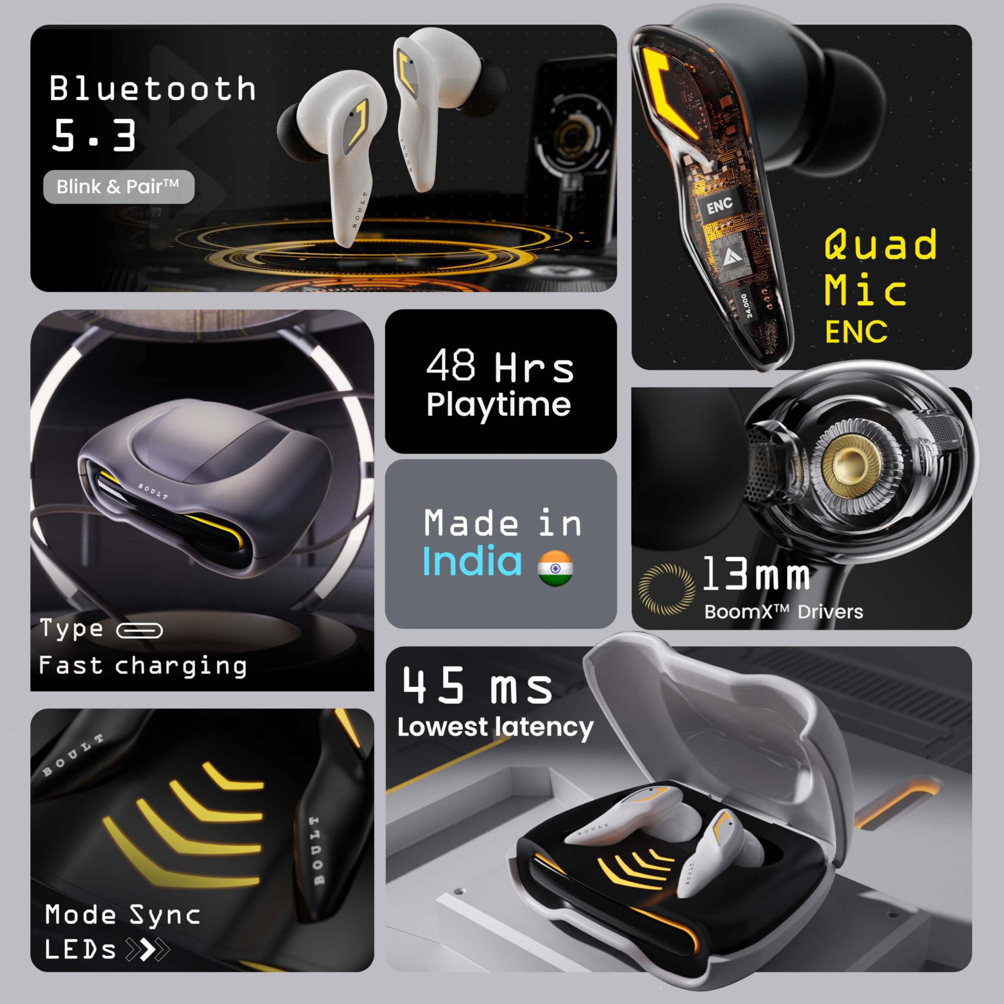 Boult Newly Launched Astra Truly Wireless in Ear Earbuds with 48H Playtime Built-in App Support 45ms Low Latency Gaming Breathing LEDs 13mm Bass Drivers Ear Buds Made in India Black Gloss