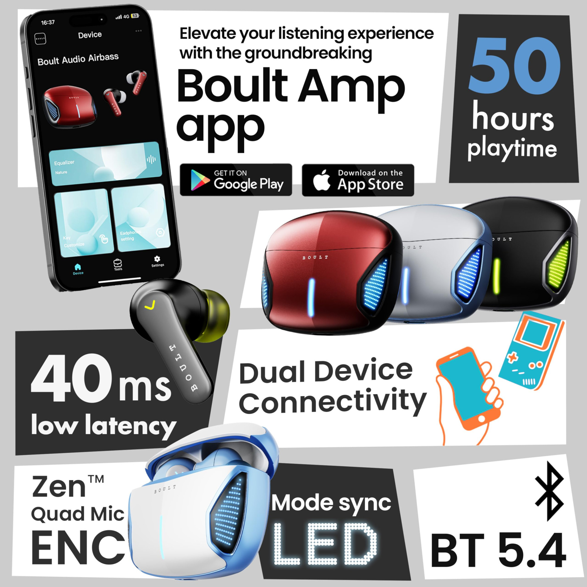 Boult Newly Launched Audio Z20 Gaming Wireless in Ear Earbuds with 50H Playtime 4 Mics ENC 45ms Low Latency Gaming Breathing LEDs Made in India 10mm Drivers Bluetooth Ear Buds TWS Black Metal