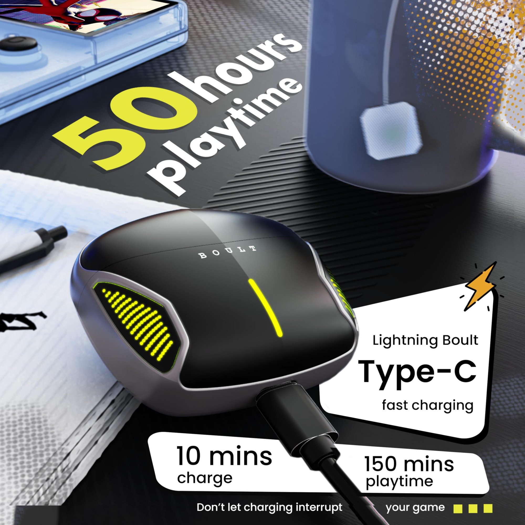 Boult Newly Launched Audio Z20 Gaming Wireless in Ear Earbuds with 50H Playtime 4 Mics ENC 45ms Low Latency Gaming Breathing LEDs Made in India 10mm Drivers Bluetooth Ear Buds TWS Black Metal