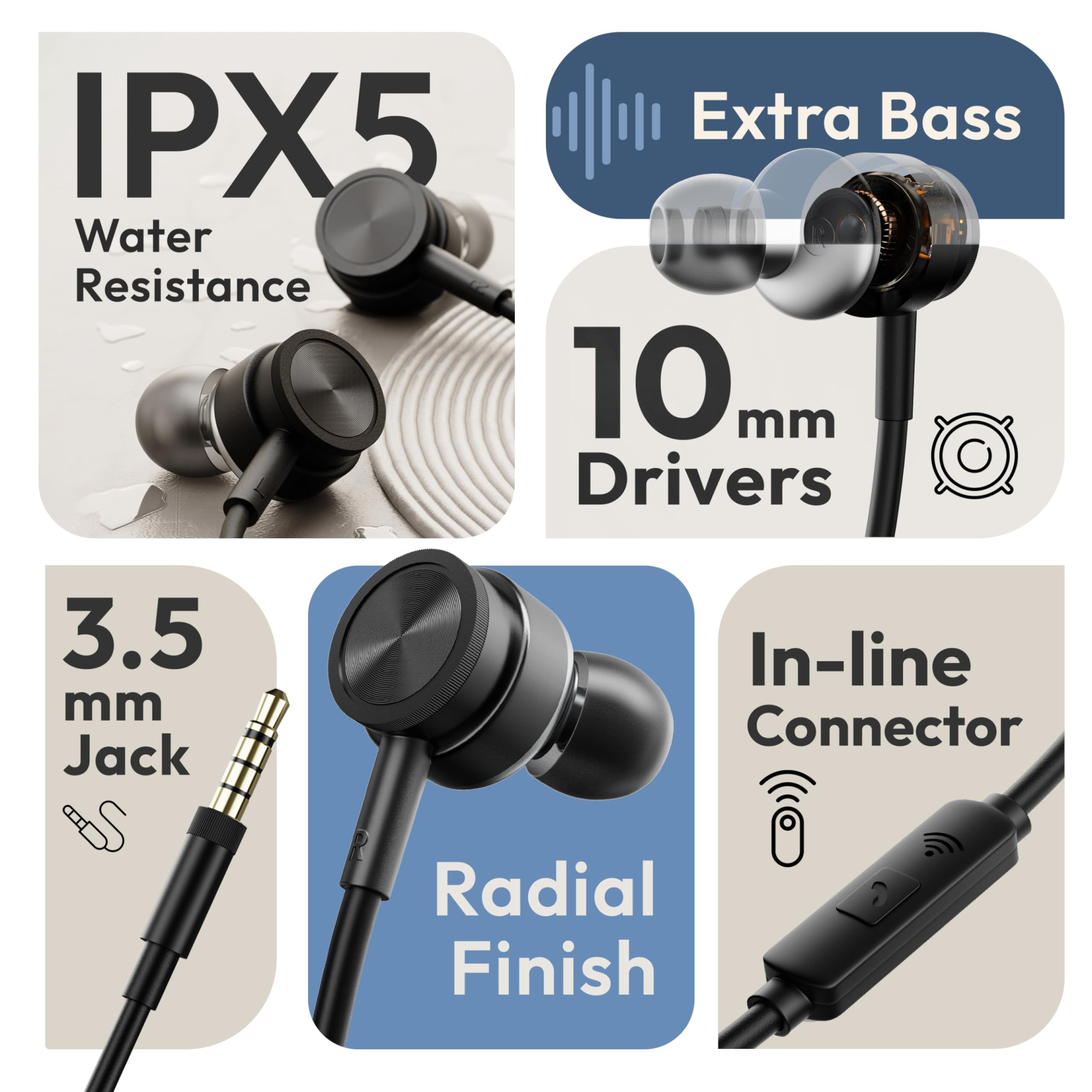 Boult XO Black Wired Earphones with 35mm Jack Extra Bass 10mm Dynamic Driver Inline Control IPX5 Water Resistant HD Mic Radial Finish Earphones Wired Headphones with Mic Earphone