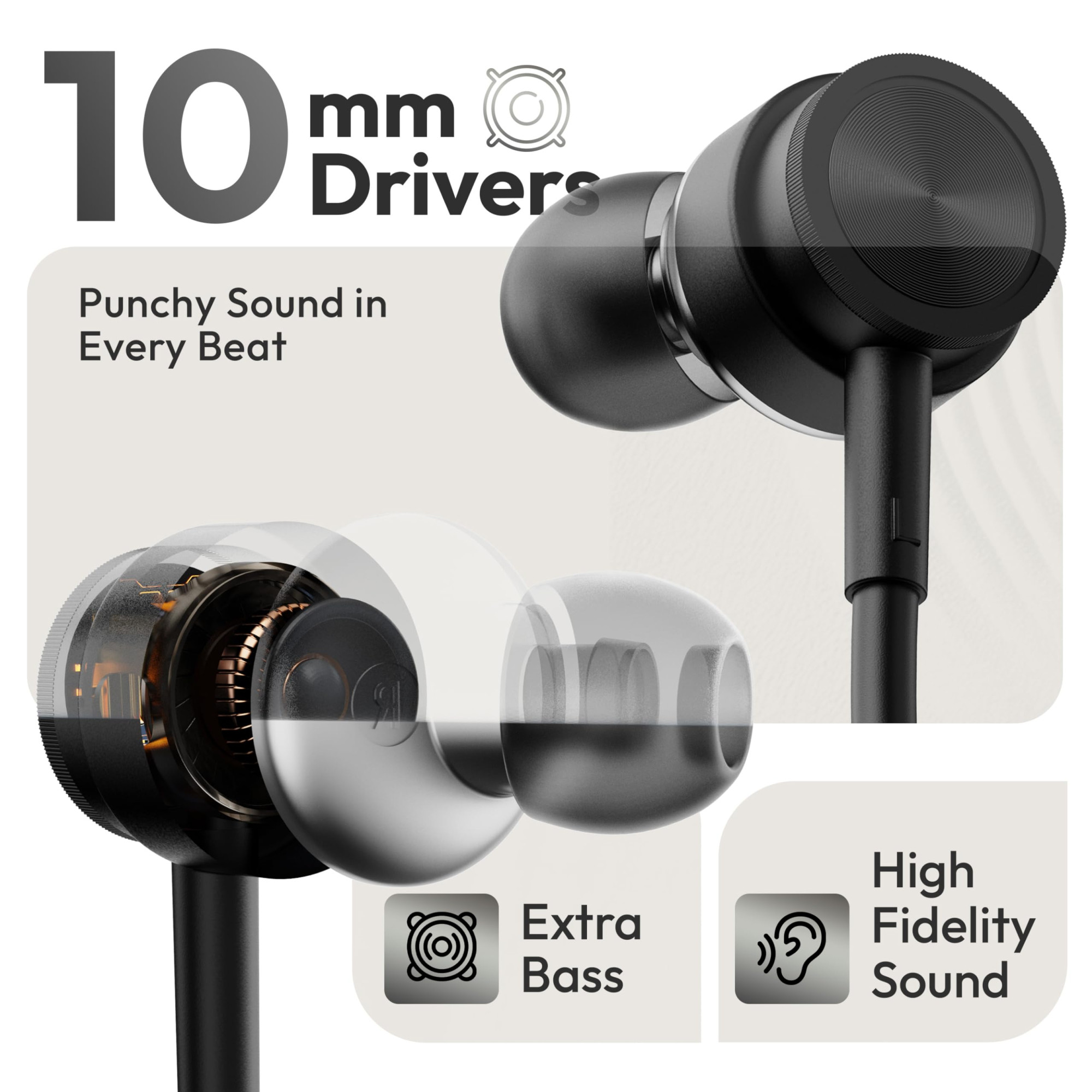 Boult XO Black Wired Earphones with 35mm Jack Extra Bass 10mm Dynamic Driver Inline Control IPX5 Water Resistant HD Mic Radial Finish Earphones Wired Headphones with Mic Earphone