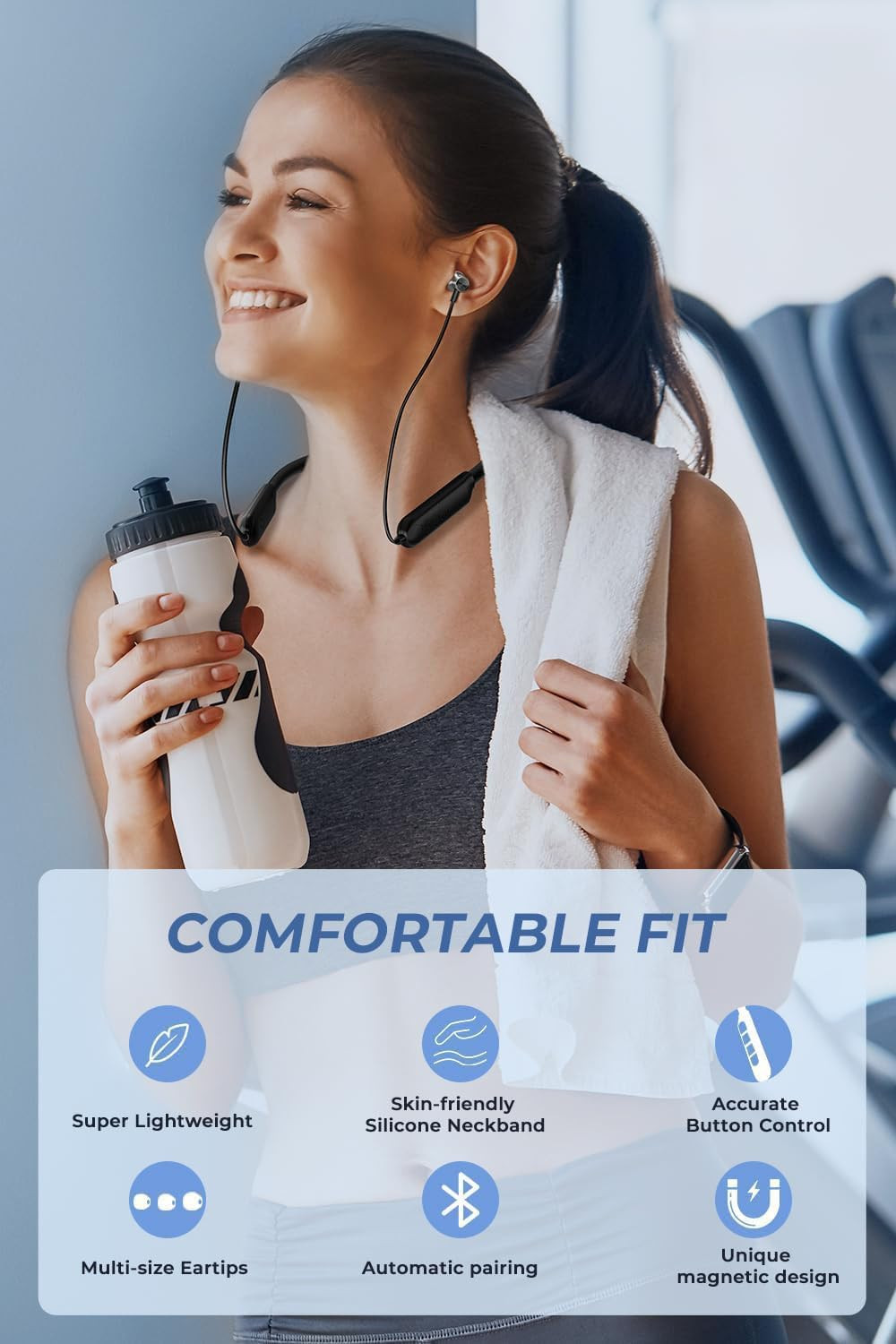 Bouncefit Bluetooth Wireless Mangentic OnOff Neckband 40 Hours Continuous Playback Battery Fast Charge IPX7 Low Latency Active Noise Cancellation Earbuds with Mic Earphones Black