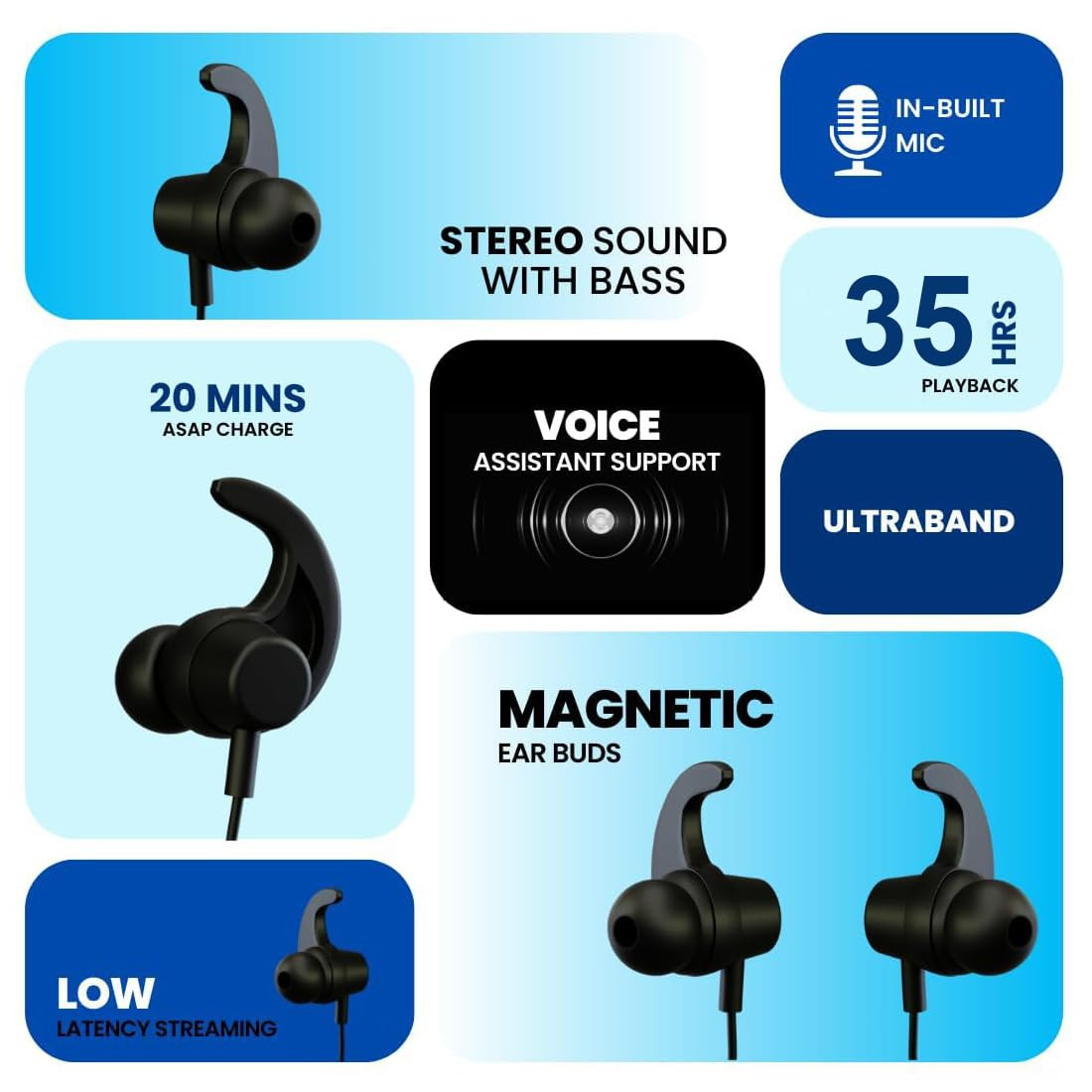 Bouncefit Bluetooth Wireless Neckband 35 Hours Continuous Playback Battery Fast Charge IPX7 Low Latency Active Noise Cancellation Magnetic Earbuds with Mic Earphones Black