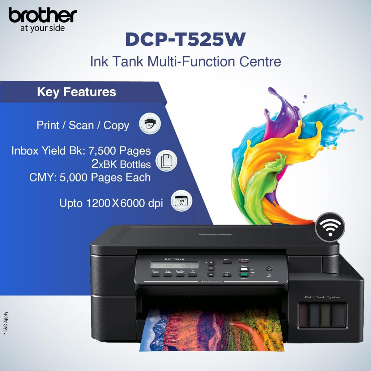 Brother DCP-T525W - Wi-Fi Color Ink Tank Multifunction Print Scan Copy All in One Printer for Home Office