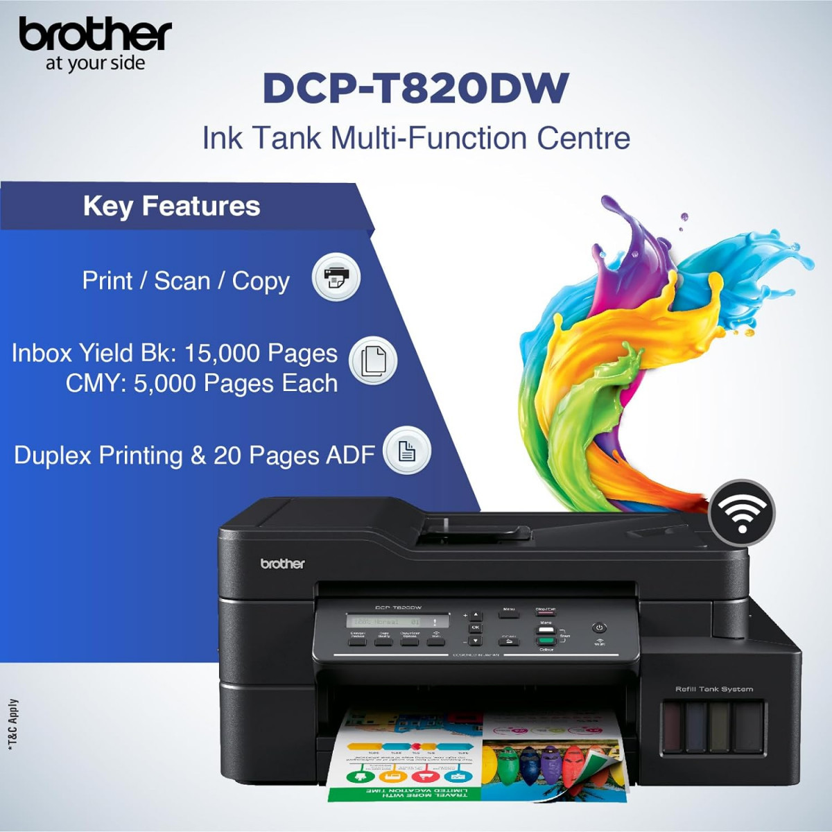 Brother DCP-T820DW - Wi-Fi Auto Duplex Color Ink Tank Multifunction Print Scan Copy