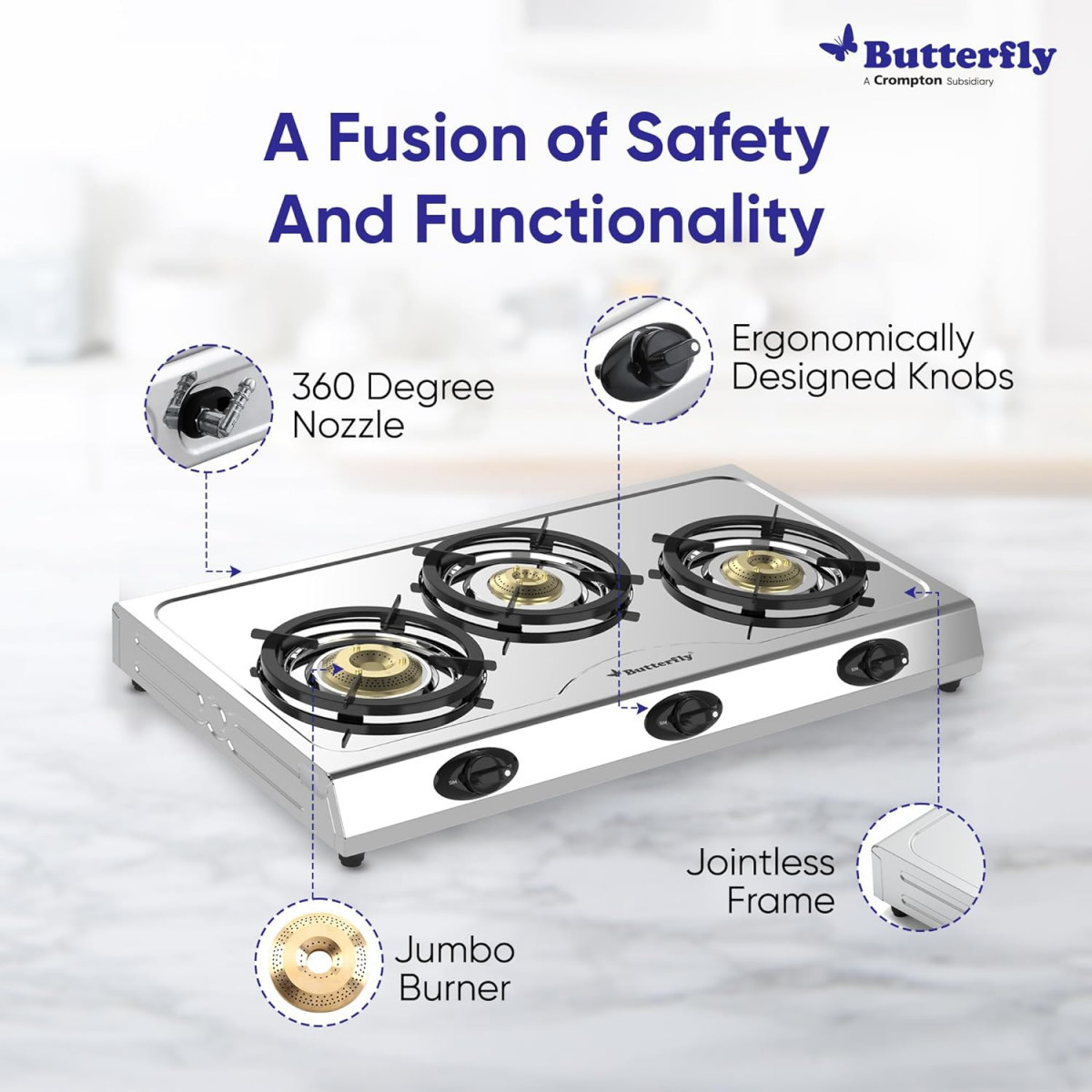 Butterfly Bolt Shakti 3B Stainless Steel Lpg Gas Stove Saves 1 Gas Cylinder Indias First Bee 2 Star Rated Gas Stove Jumbo Burner High Thermal Efficiency - Open