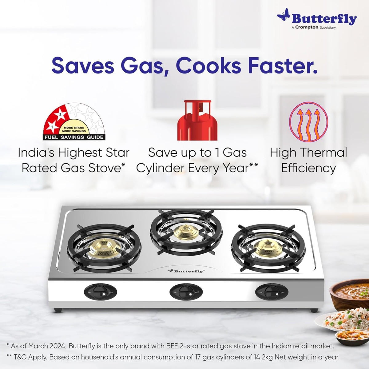 Butterfly Bolt Shakti 3B Stainless Steel Lpg Gas Stove Saves 1 Gas Cylinder Indias First Bee 2 Star Rated Gas Stove Jumbo Burner High Thermal Efficiency - Open
