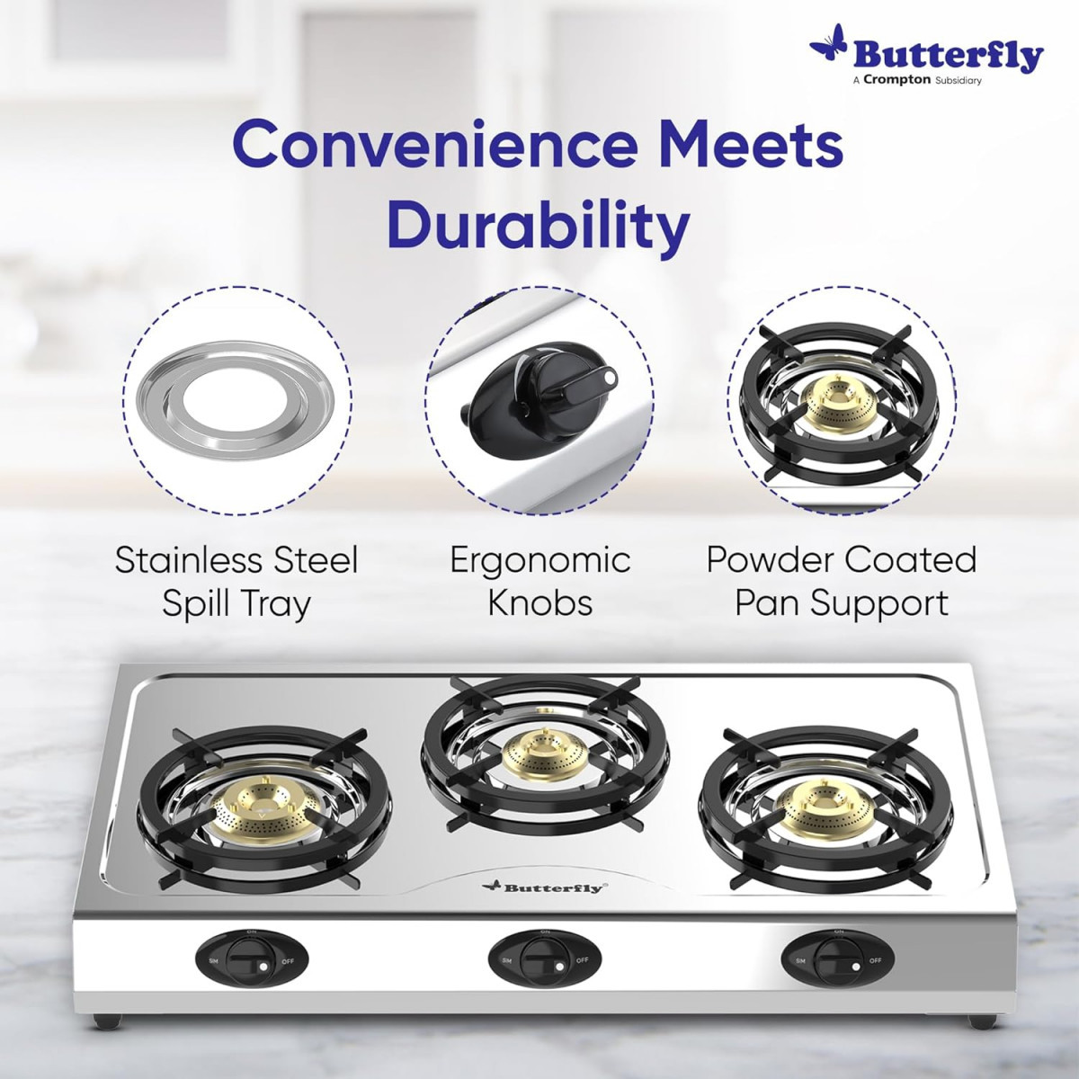 Butterfly Bolt Shakti 3B Stainless Steel Lpg Gas Stove Saves 1 Gas Cylinder Indias First Bee 2 Star Rated Gas Stove Jumbo Burner High Thermal Efficiency - Open