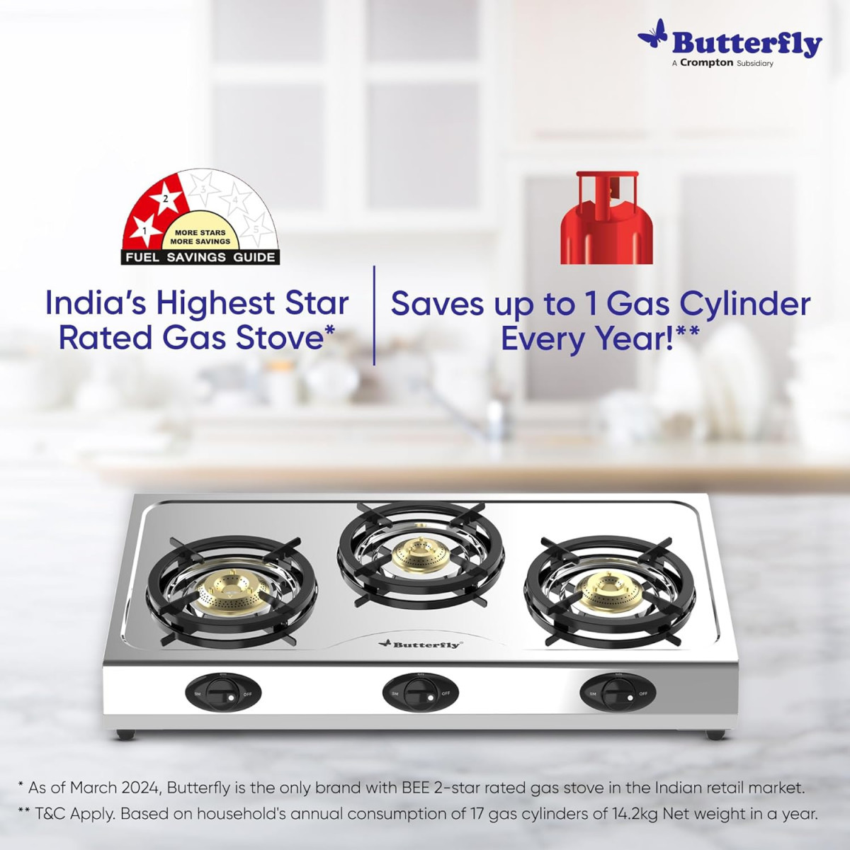 Butterfly Bolt Shakti 3B Stainless Steel Lpg Gas Stove Saves 1 Gas Cylinder Indias First Bee 2 Star Rated Gas Stove Jumbo Burner High Thermal Efficiency - Open