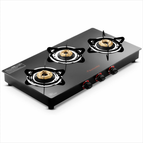 Image of Butterfly Rapid 3B Auto Ignition LPG Glass Top Stove (3 Burners, Black)