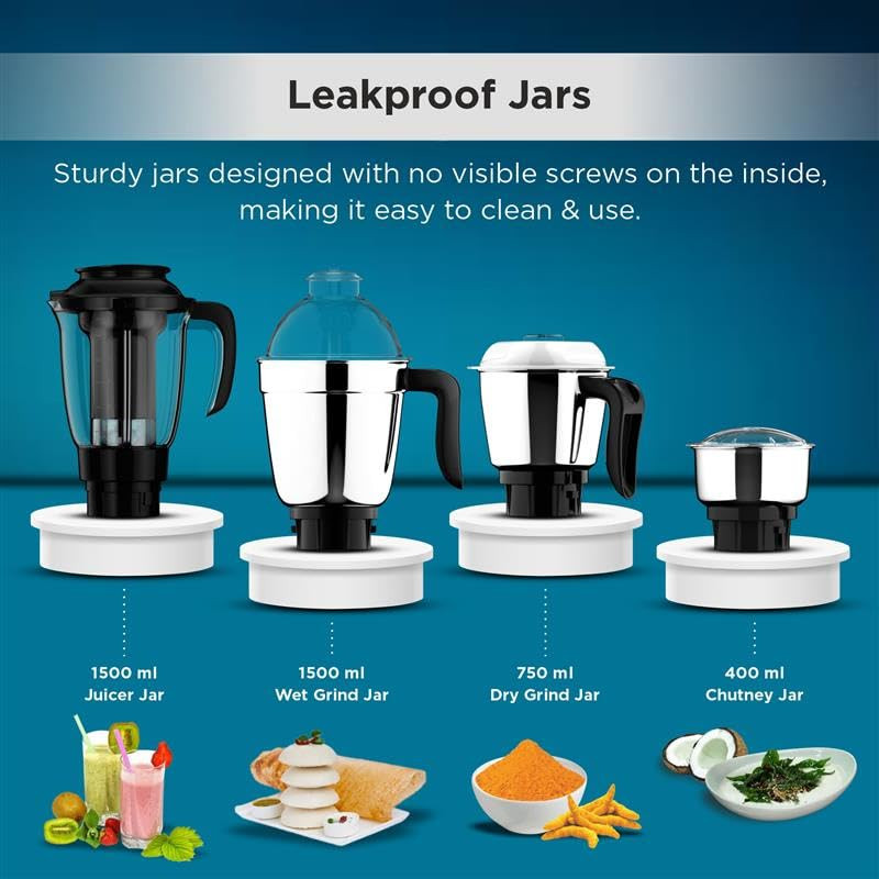 Butterfly Smart 750 Watts Mixer Grinder with 4 Jars 3 Stainless Steel Jars 1 Juicer ABS Body Heavy Duty Motor 2 Years Manufacturers Warranty Grey