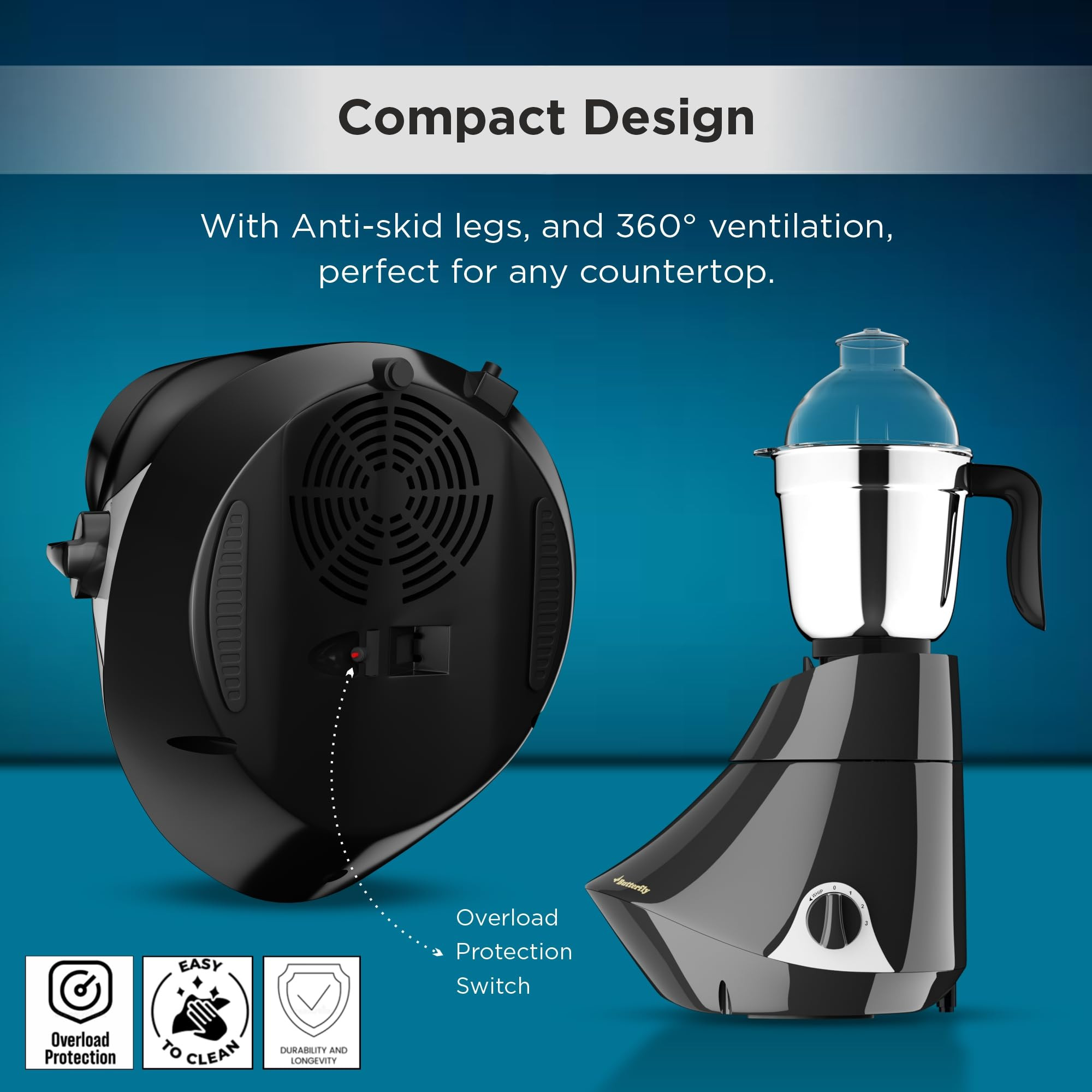 Butterfly Smart 750 Watts Mixer Grinder with 4 Jars  3 Stainless Steel Jars  1 Juicer  ABS Body  Heavy Duty Motor  2 Years Manufacturers Warranty  Grey