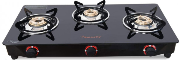Image of Butterfly Smart Glass 3 Burner Gas Stove, Black, Manual Ignition