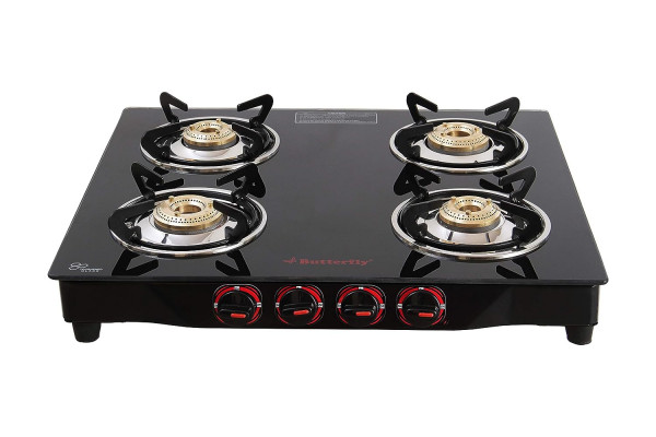 Image of Butterfly Smart Glass 4 Burner Gas Stove, Black, Manual