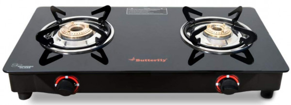 Image of Butterfly Smart Glass Top 2 Burner Open Gas Stove (Black), Manual Ignition