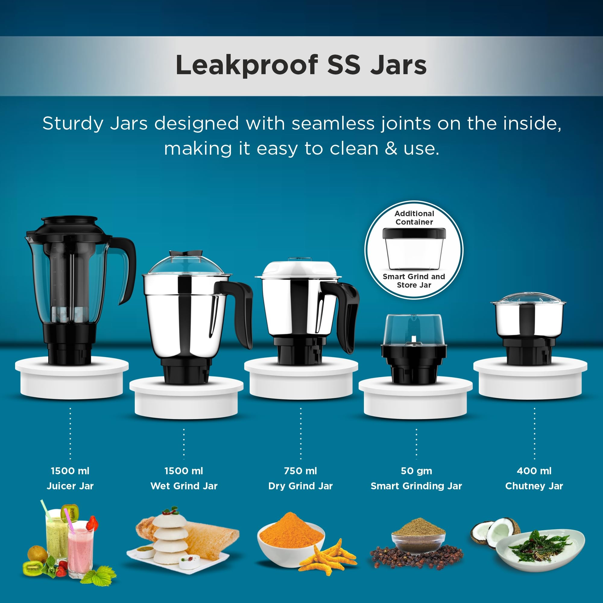 Butterfly Smart Plus 750W Mixer Grinder with 5 Jars  Multipurpose Jars - 3 Stainless Steel1 PC Juicer Jar  1 Grind  Store Jar  Heavy Duty Motor  2 Years Manufacturer Warranty  Ink Blue